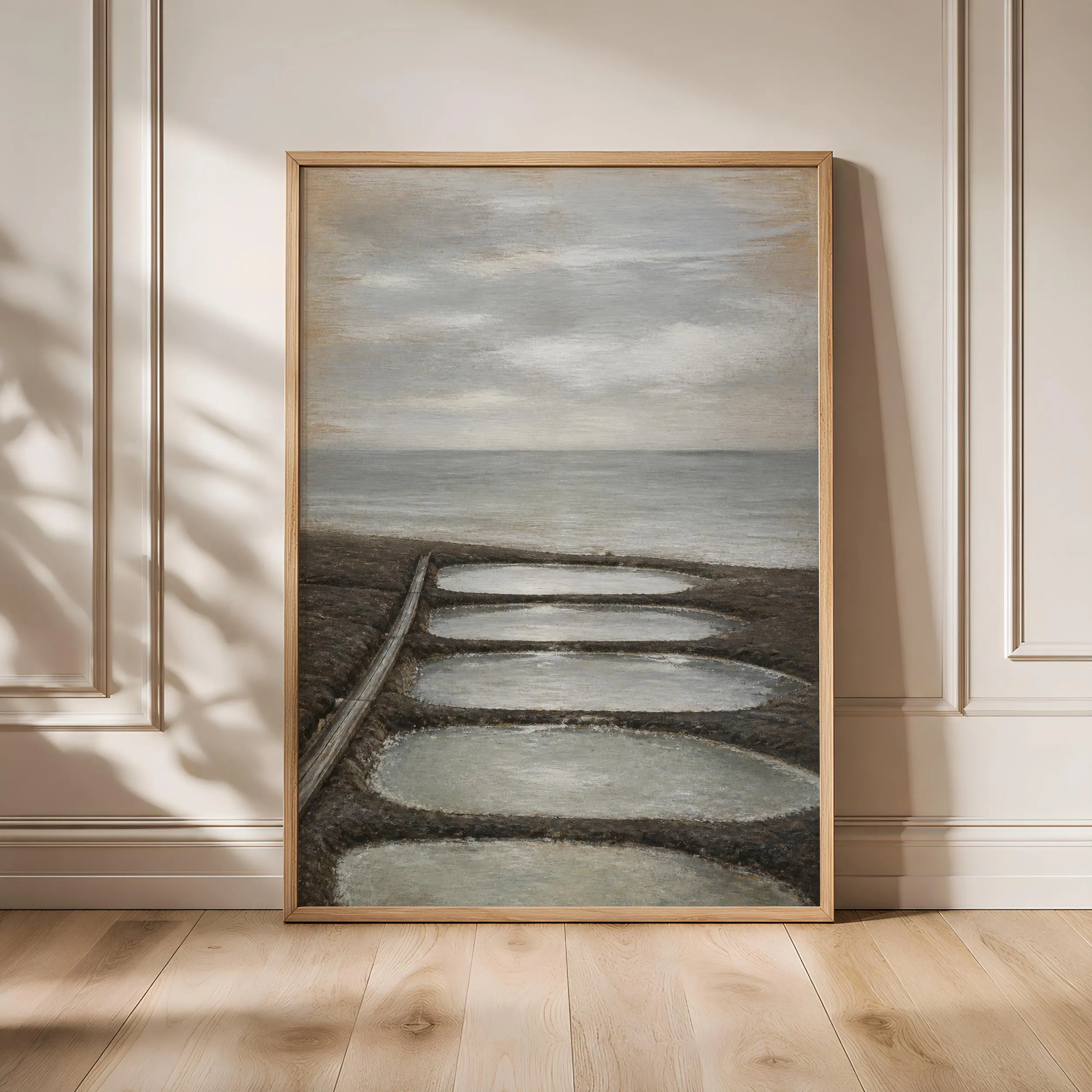 Salt Farm Wall Art, Coastal Evaporation Ponds Landscape, Muted Grey Beach Print – Calm Wall Art by Artsify - Image 1