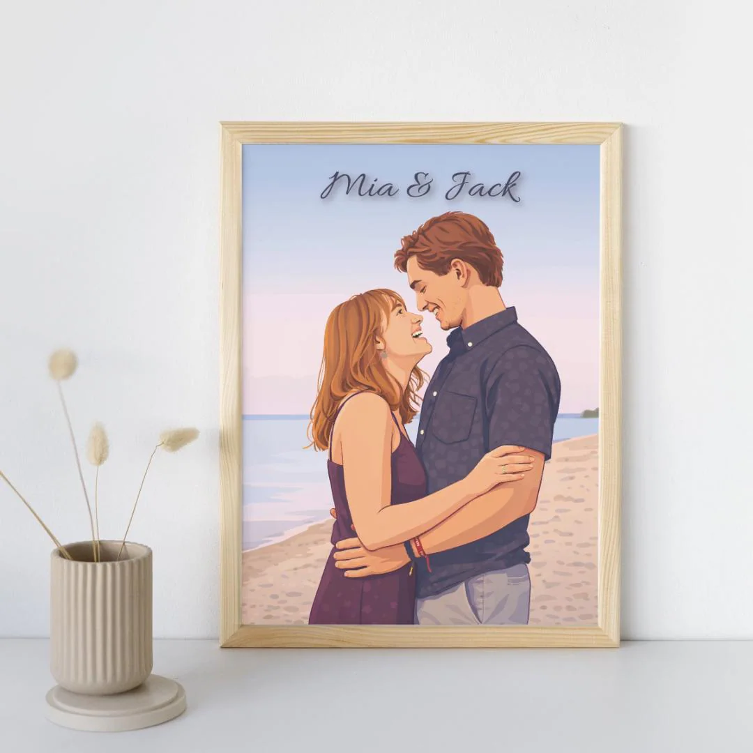 Custom Couple Cartoon Portrait, Personalized Couple Illustration Poster, Custom Love Portrait, Anniversary Gift, Valentine's Gift – Calm Wall Art by Artsify