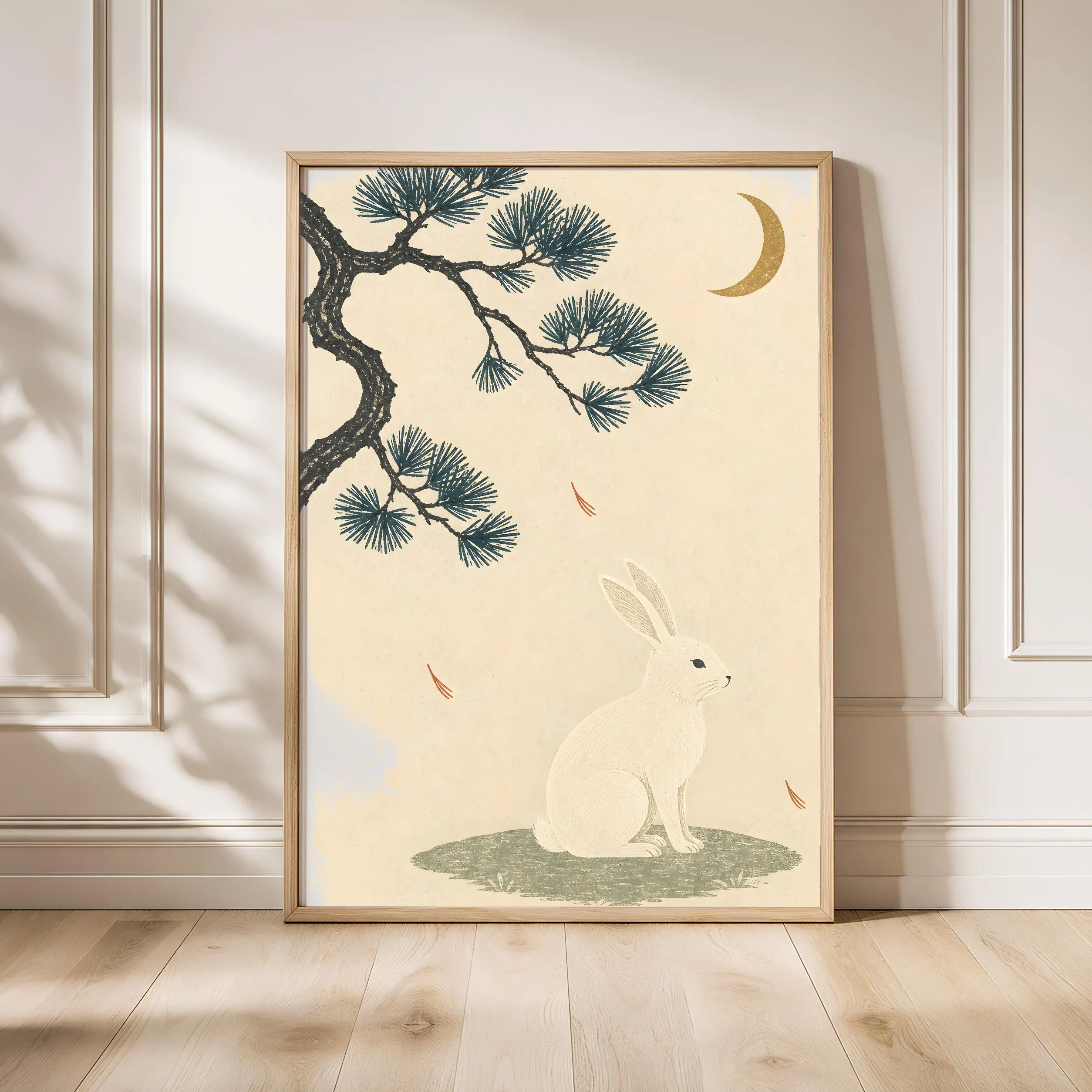 Moon Hare Print, Japanese Style Nature Wall Art, Pine Tree Poster, Zen Bedroom Decor, Housewarming Gift – Calm Wall Art by Artsify - Image 1