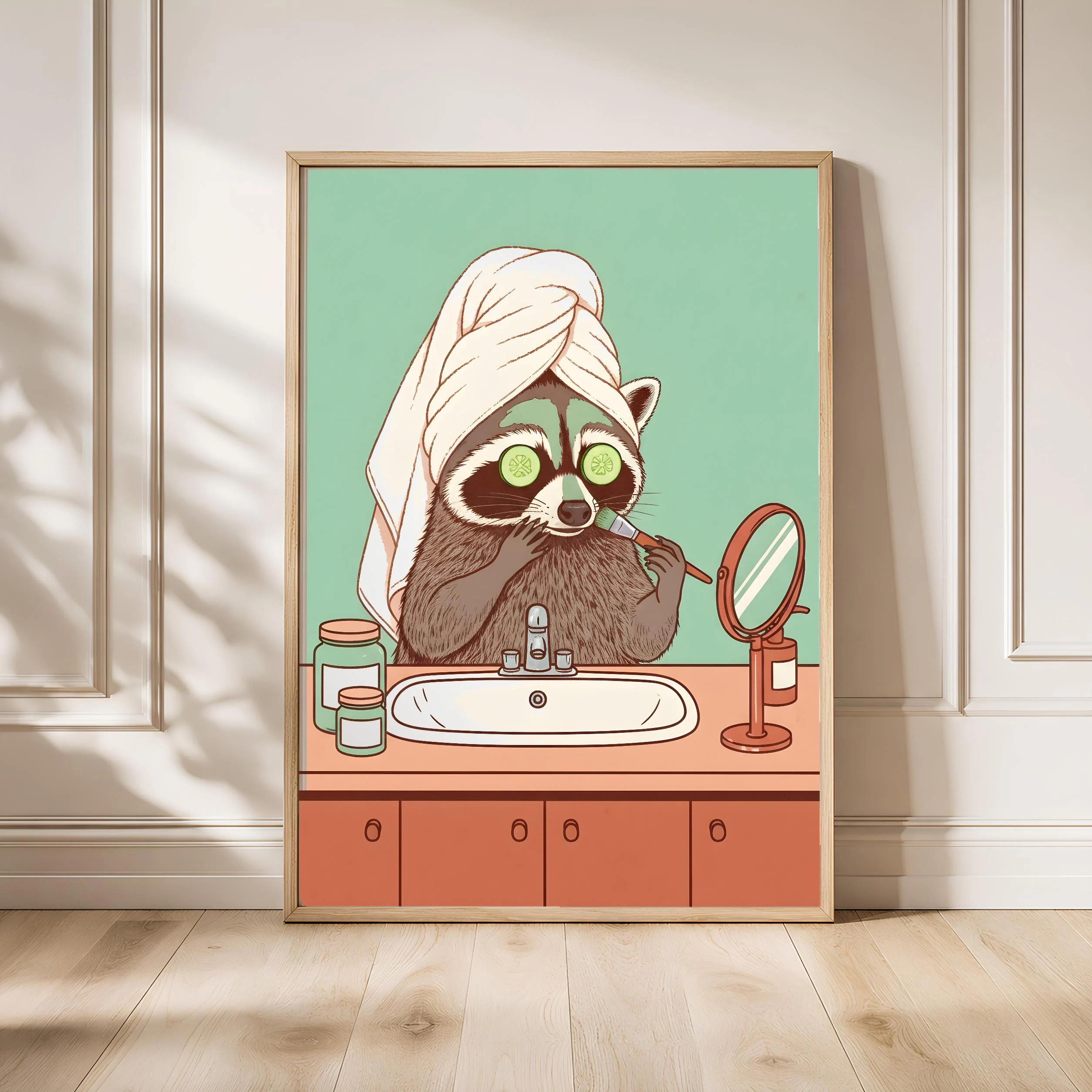 Raccoon Skincare Art Print, Funny Animal Poster, Retro Bathroom Wall Art, Quirky Spa Decor, Self Care Gift, Housewarming Gift – Calm Wall Art by Artsify - Image 1