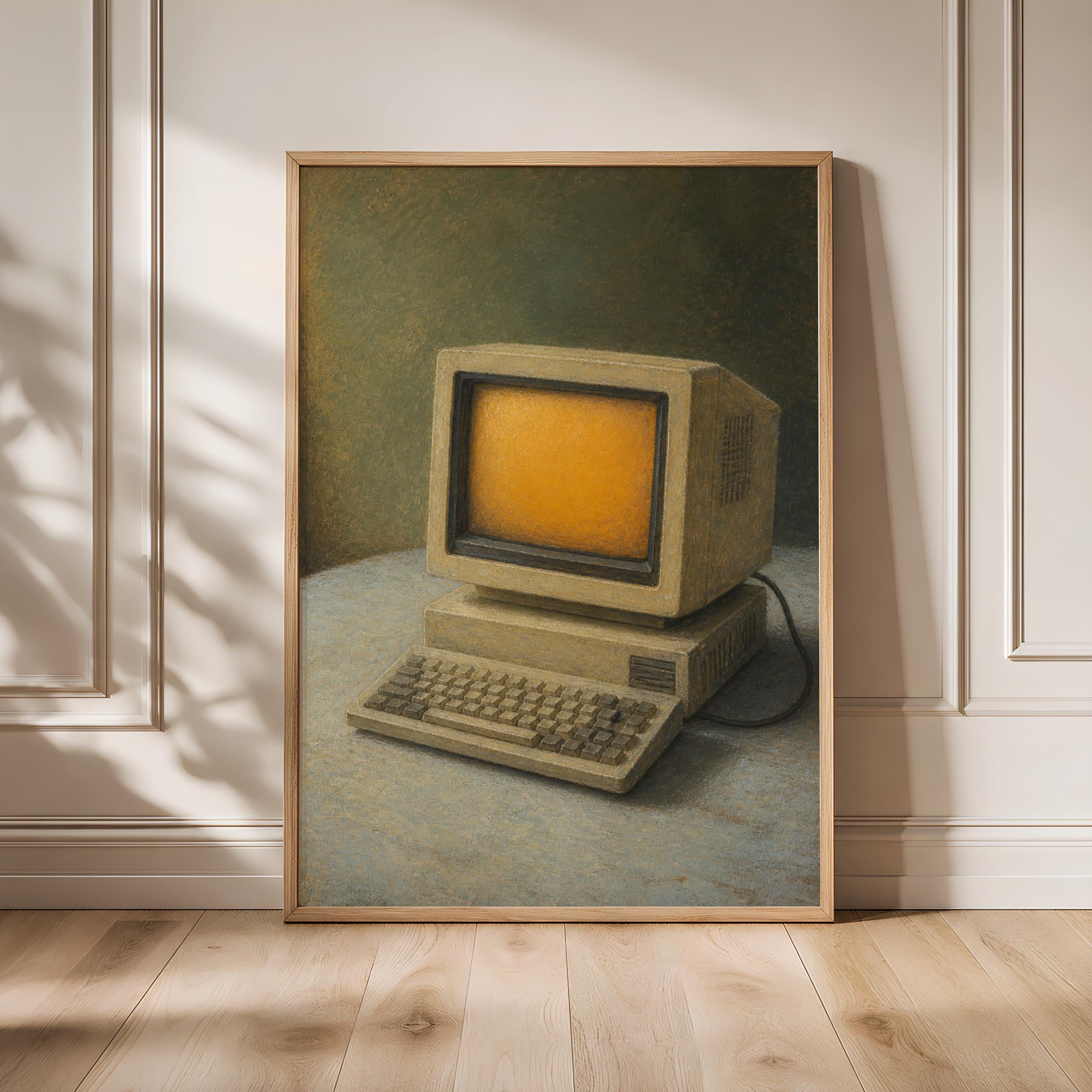 Vintage Computer Wall Art, Retro Tech Still Life Painting, Amber Screen Nostalgic Print – Calm Wall Art by Artsify - Image 1