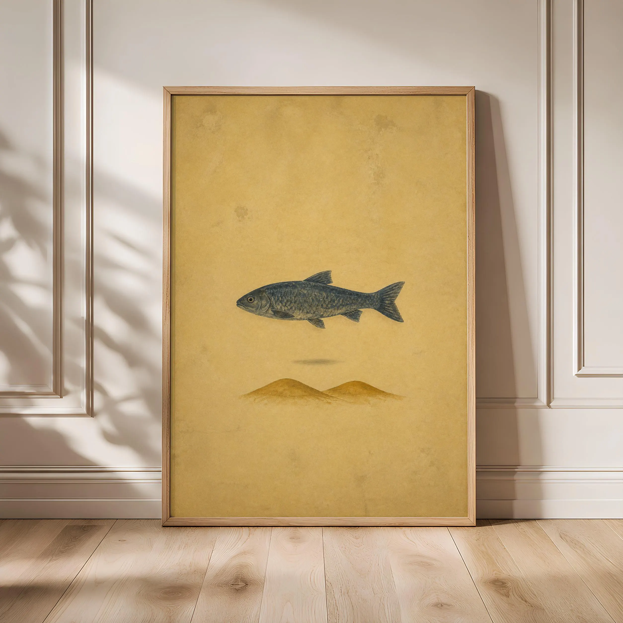 Surreal Desert Fish Wall Art, Minimal Folk Animal Poster, Indigo and Ochre – Calm Wall Art by Artsify - Image 1
