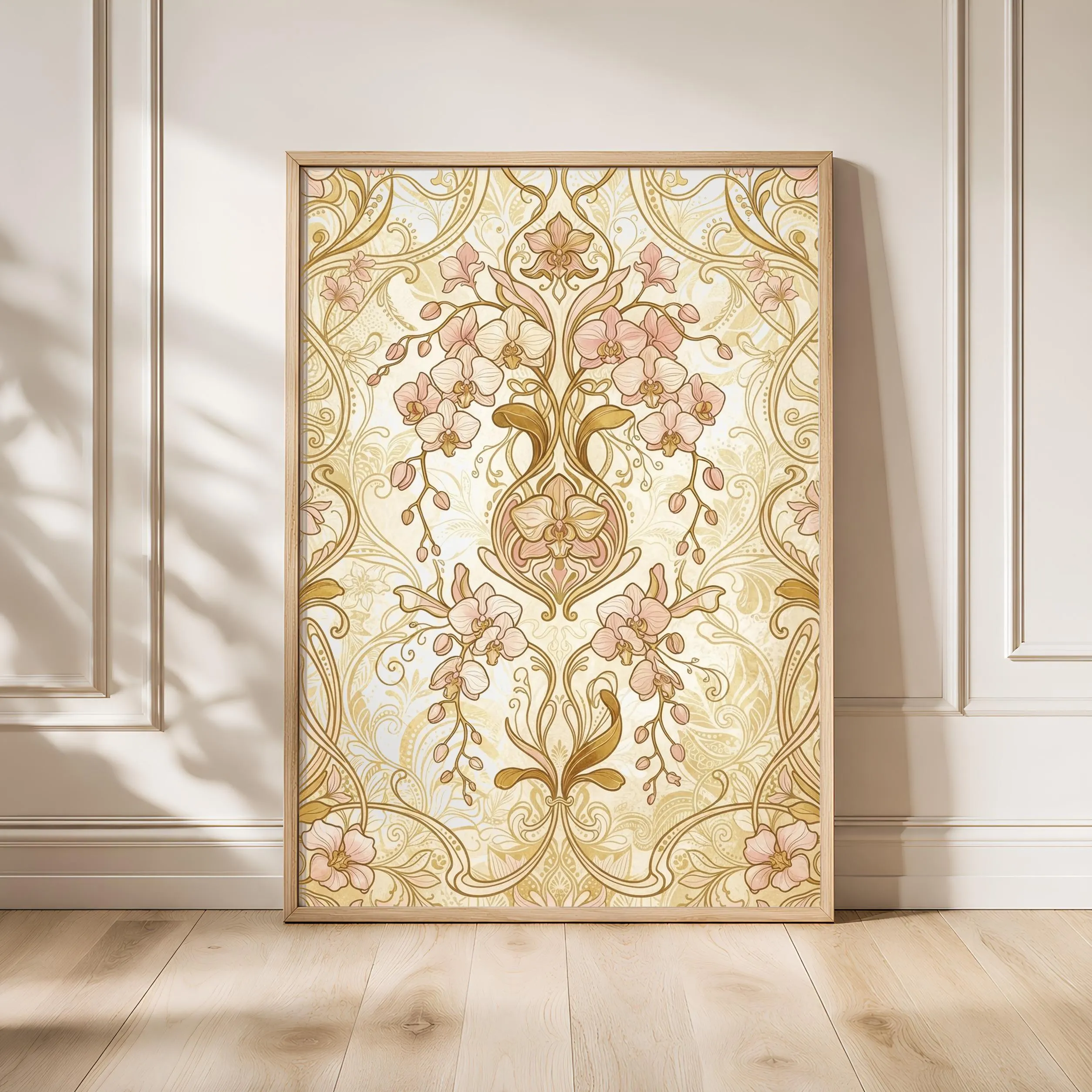 Art Nouveau Orchid Print, Golden Retro Floral Poster, Gold Cascade Wall Art, Entryway Decor, Housewarming Gift – Calm Wall Art by Artsify - Image 1
