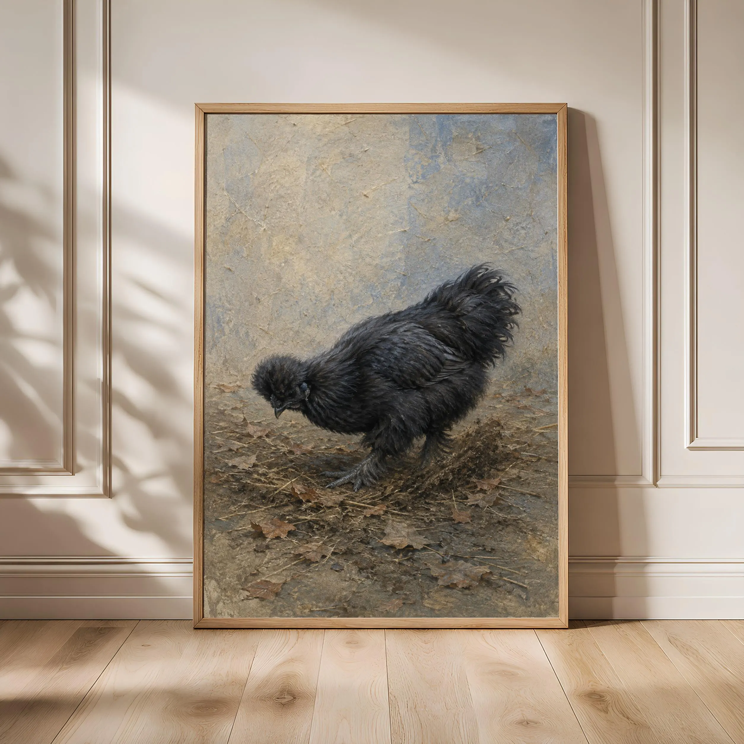 Black Silkie Chicken Wall Art, Foraging Hen Oil Tempera Print – Calm Wall Art by Artsify - Image 1