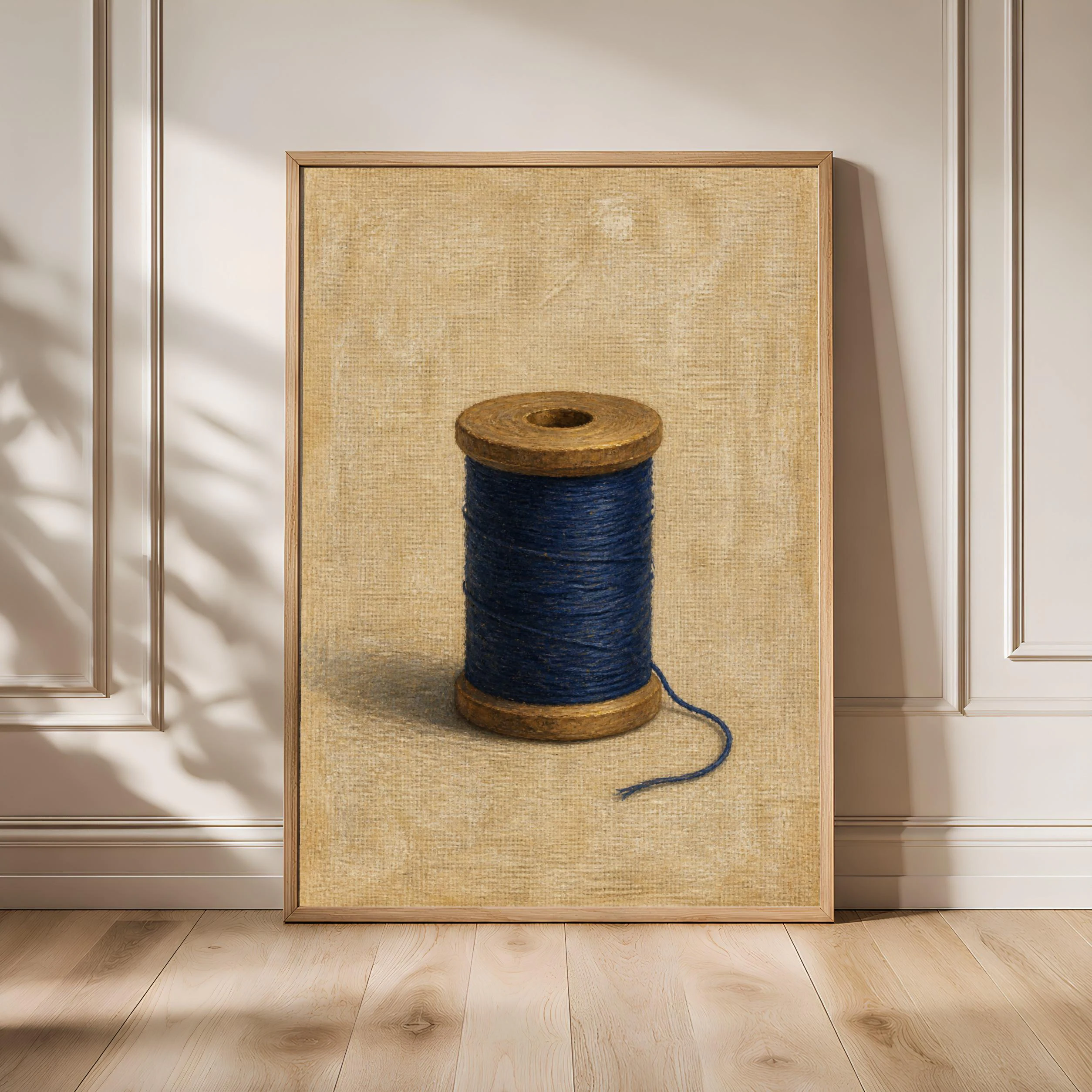 Indigo Thread Spool Wall Art, Tactile Sewing Studio Painting Print – Calm Wall Art by Artsify - Image 1