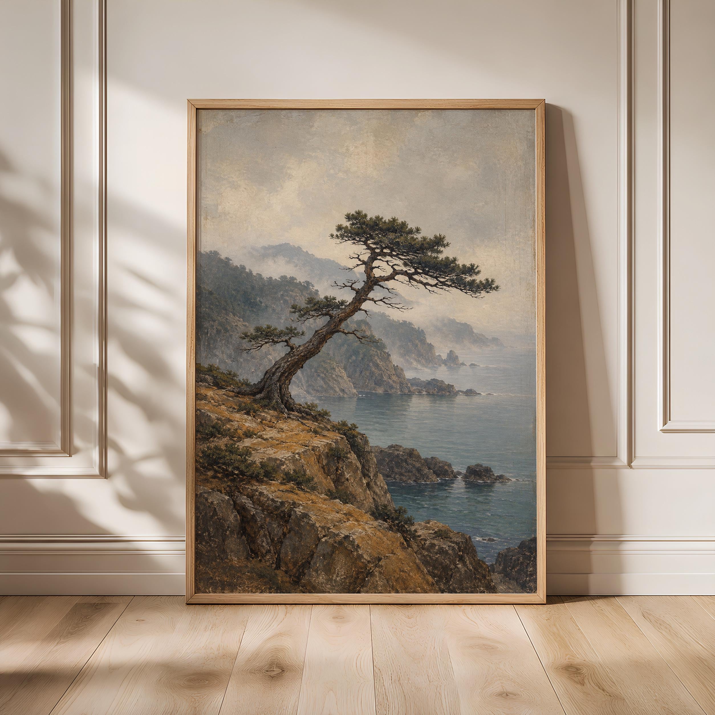 Wind Bent Pine Wall Art, Japanese Cliff Landscape Painting, Zen Reading Nook Decor – Calm Wall Art by Artsify - Image 1