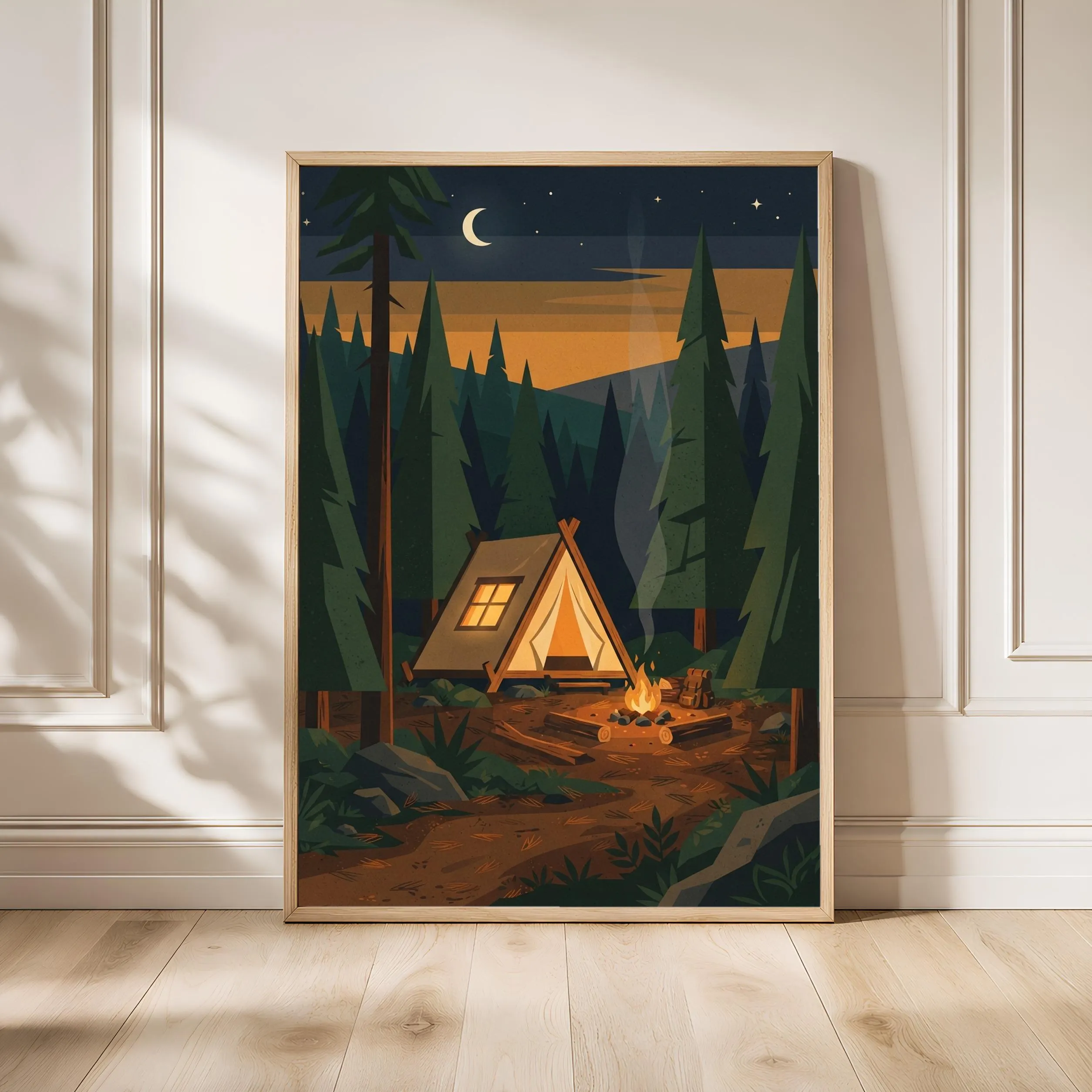 Vintage Camping Tent Print, Retro Campfire Poster, Woodland Wall Art, Bedroom Decor, Housewarming Gift – Calm Wall Art by Artsify - Image 1