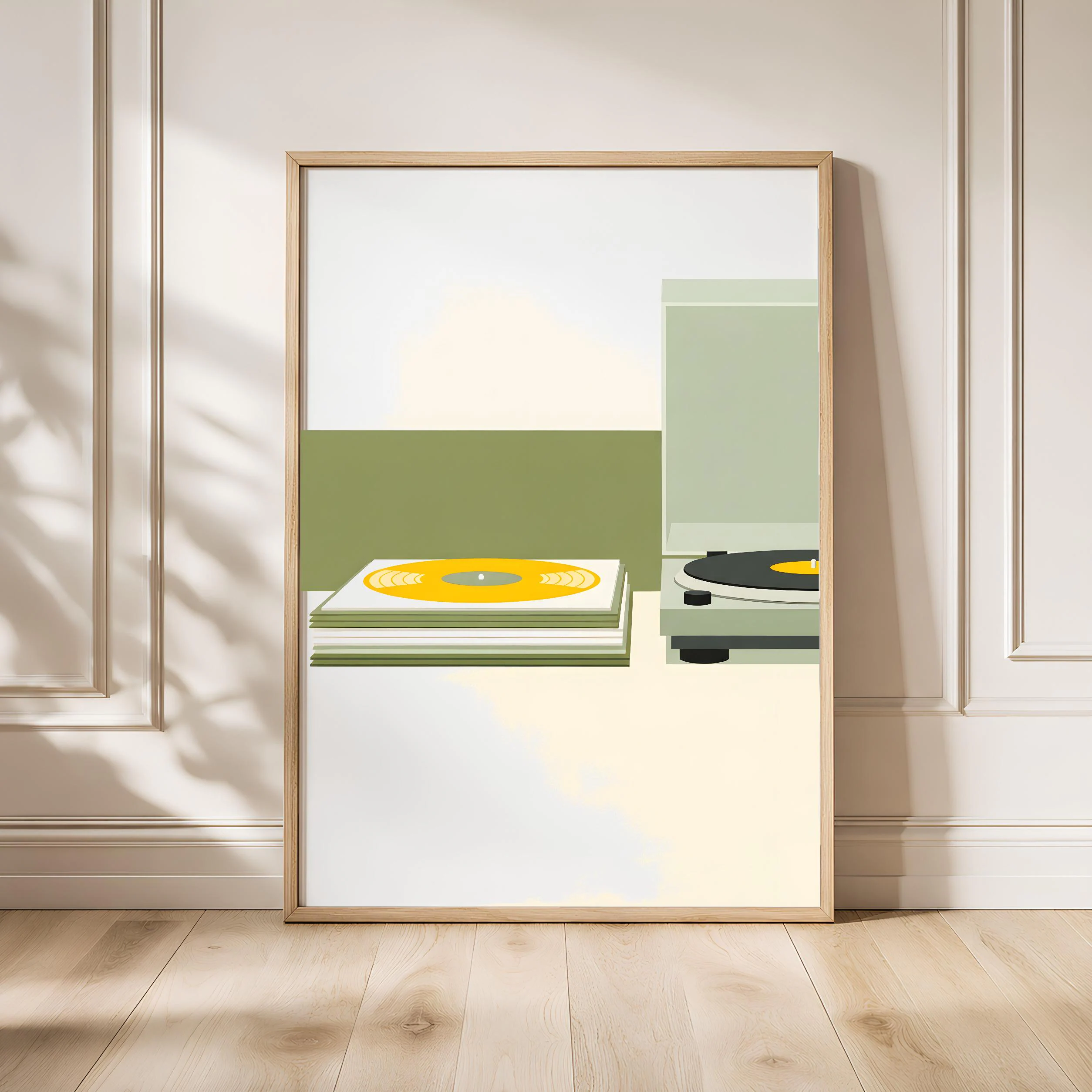 Stacked Vinyl Records Print, Japandi Music Poster, Yellow Record Wall Art, Living Room Decor, Housewarming Gift – Calm Wall Art by Artsify - Image 1