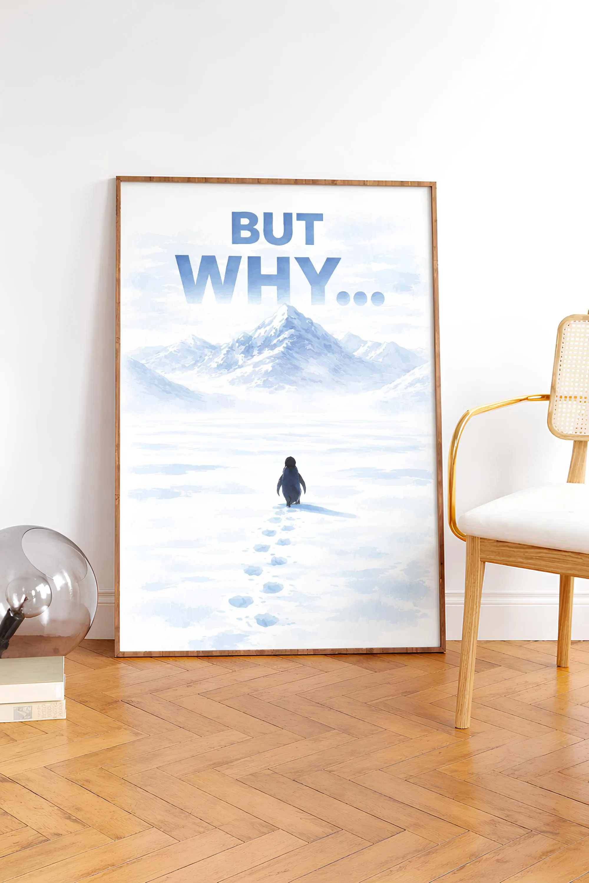 But Why? Watercolor Arctic Poster – Inspirational Nihilist Penguin Wall Art, Minimalist Nordic Home & Office Decor – Calm Wall Art by Artsify - Image 1