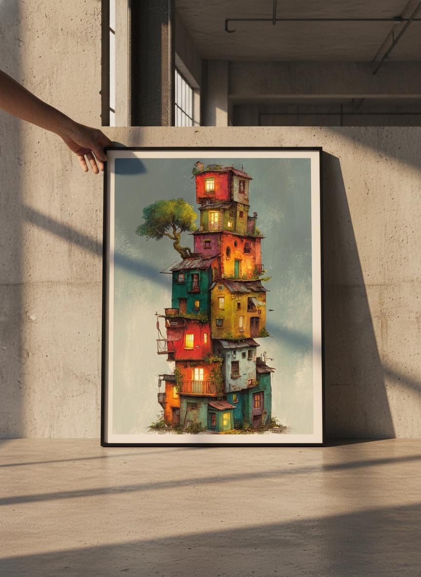 Whimsical House Illustration Print, Colorful Fantasy Architecture Art – Calm Wall Art by Artsify - Image 1
