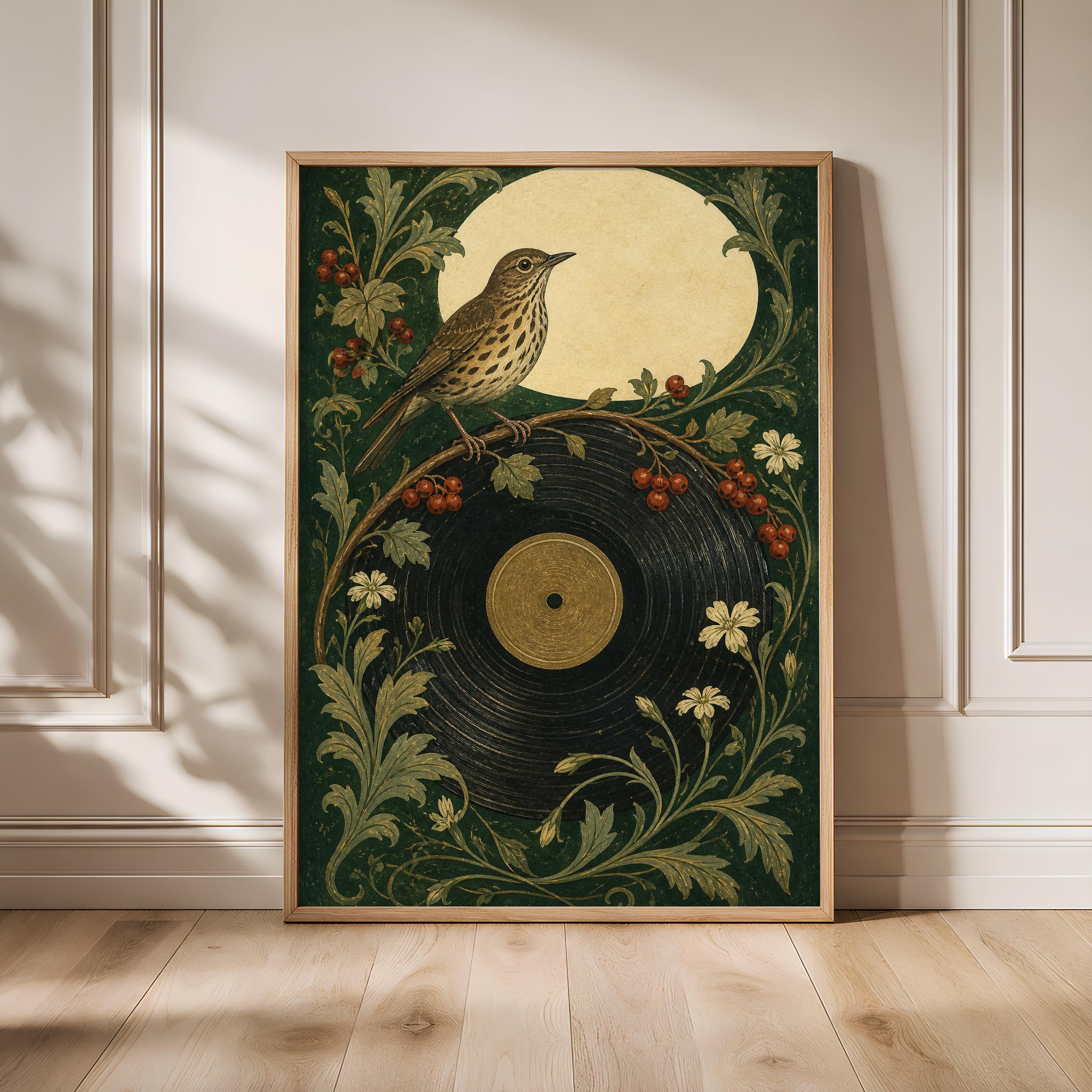 Song Thrush Wall Art, Arts and Crafts Bird Painting, Vintage Vinyl Record Print – Calm Wall Art by Artsify - Image 1