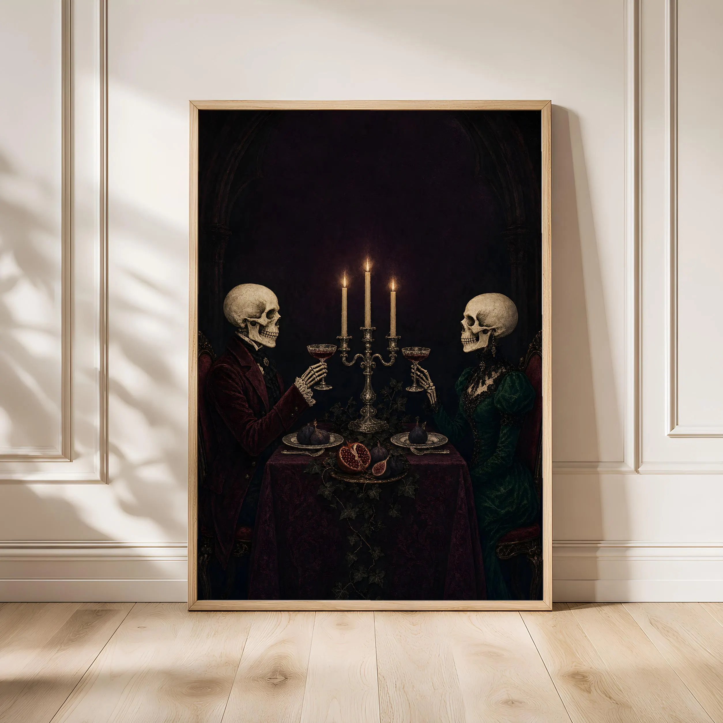 Skeleton Dinner Print, Gothic Halloween Wall Art, Dark Academia Poster, Moody Dining Decor, Housewarming Gift – Calm Wall Art by Artsify - Image 1