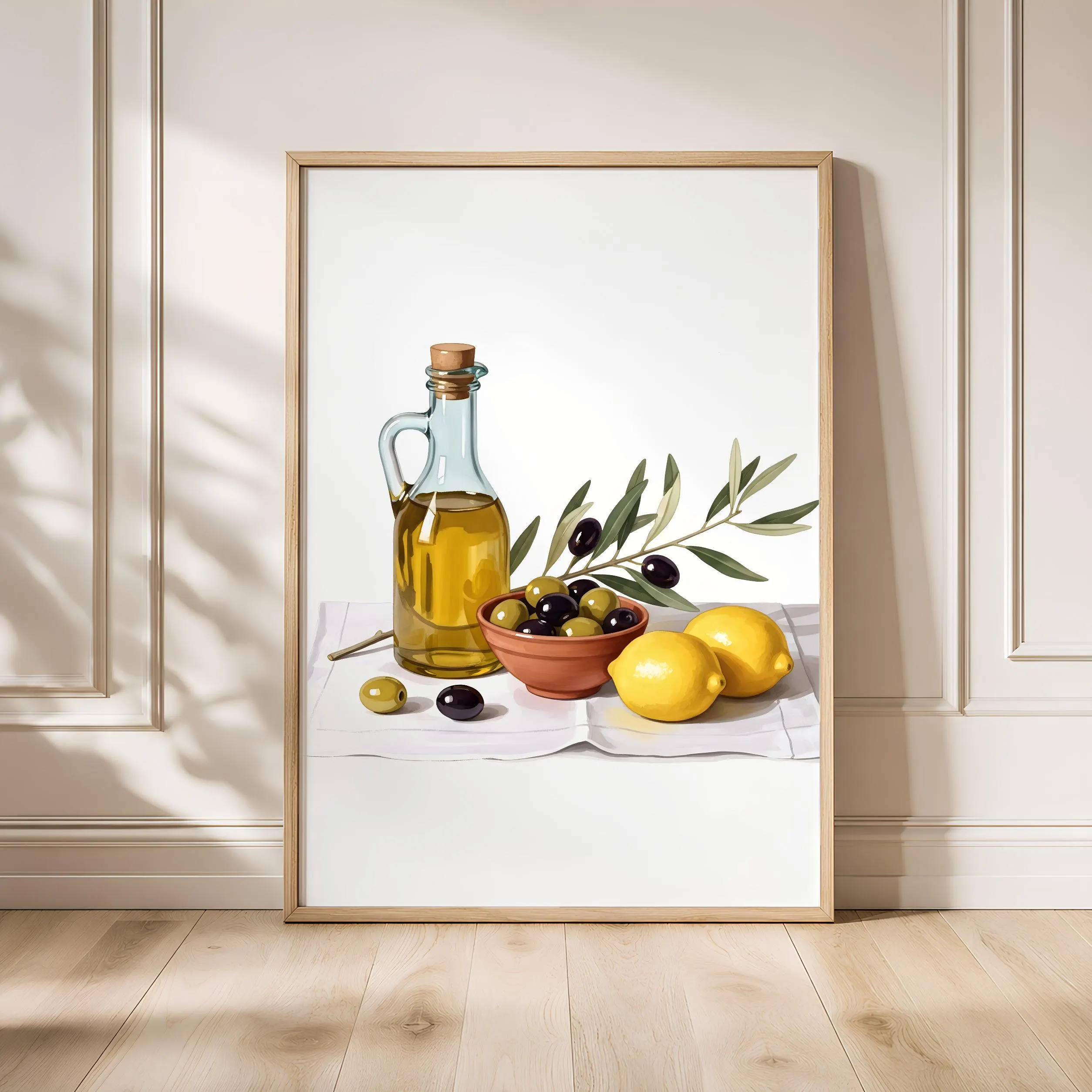Mediterranean Olive Print, Olive Oil Still Life Poster, Rustic Kitchen Wall Art, Mediterranean Decor, Housewarming Gift – Calm Wall Art by Artsify - Image 1