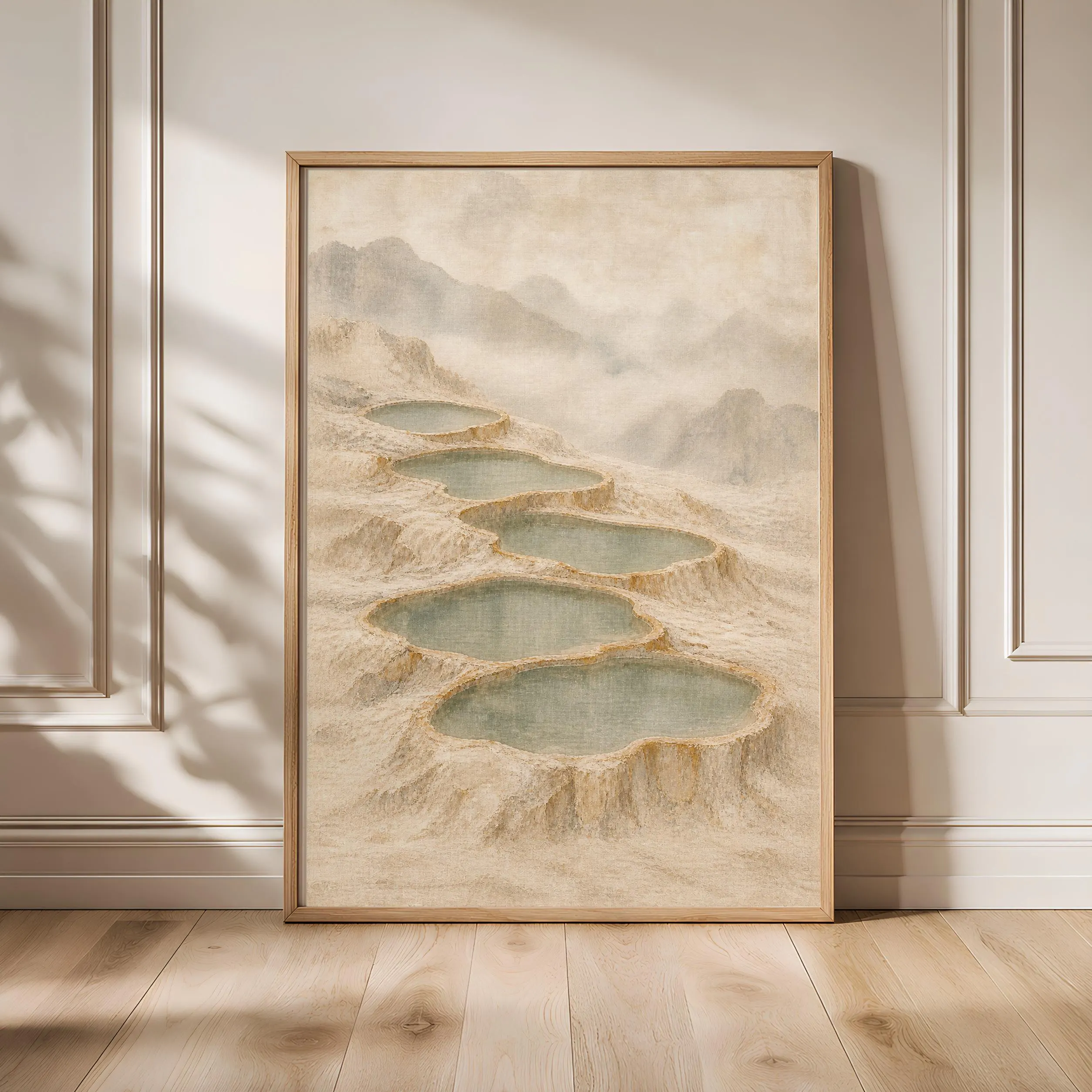 Misty Mineral Terraces Wall Art, Neutral Japandi Landscape Painting – Calm Wall Art by Artsify - Image 1