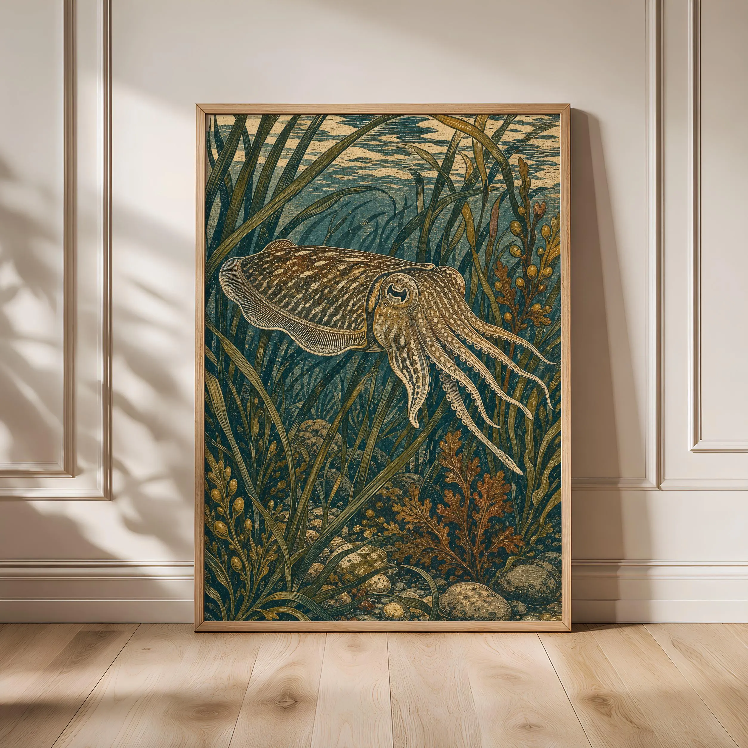 Cuttlefish Wall Art Print, Vintage Ocean Poster, Arts and Crafts Sea Life Decor, Dark Coastal Wall Art, Housewarming Gift – Calm Wall Art by Artsify - Image 1