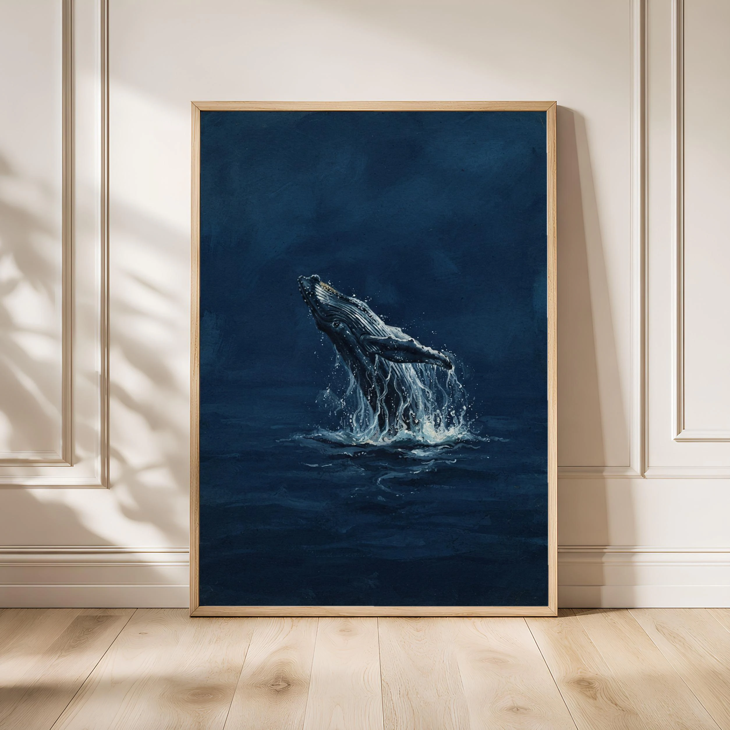 Whale Wall Art, Navy Minimalist Ocean Painting, Vintage Coastal Print, Housewarming Gift – Calm Wall Art by Artsify - Image 1