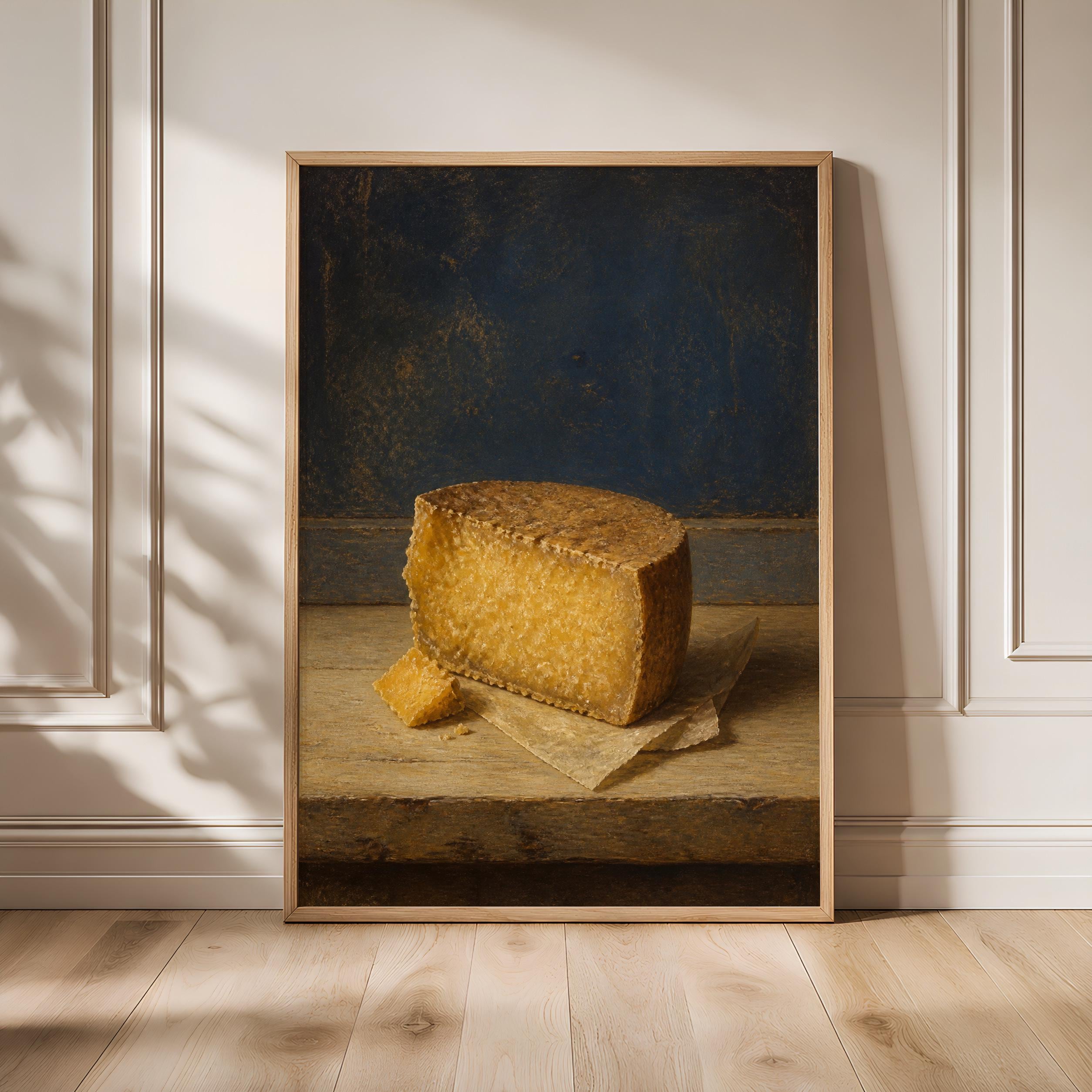 Aged Cheese Wall Art, Rustic Dutch Still Life, Golden Amber Kitchen Print – Calm Wall Art by Artsify - Image 1