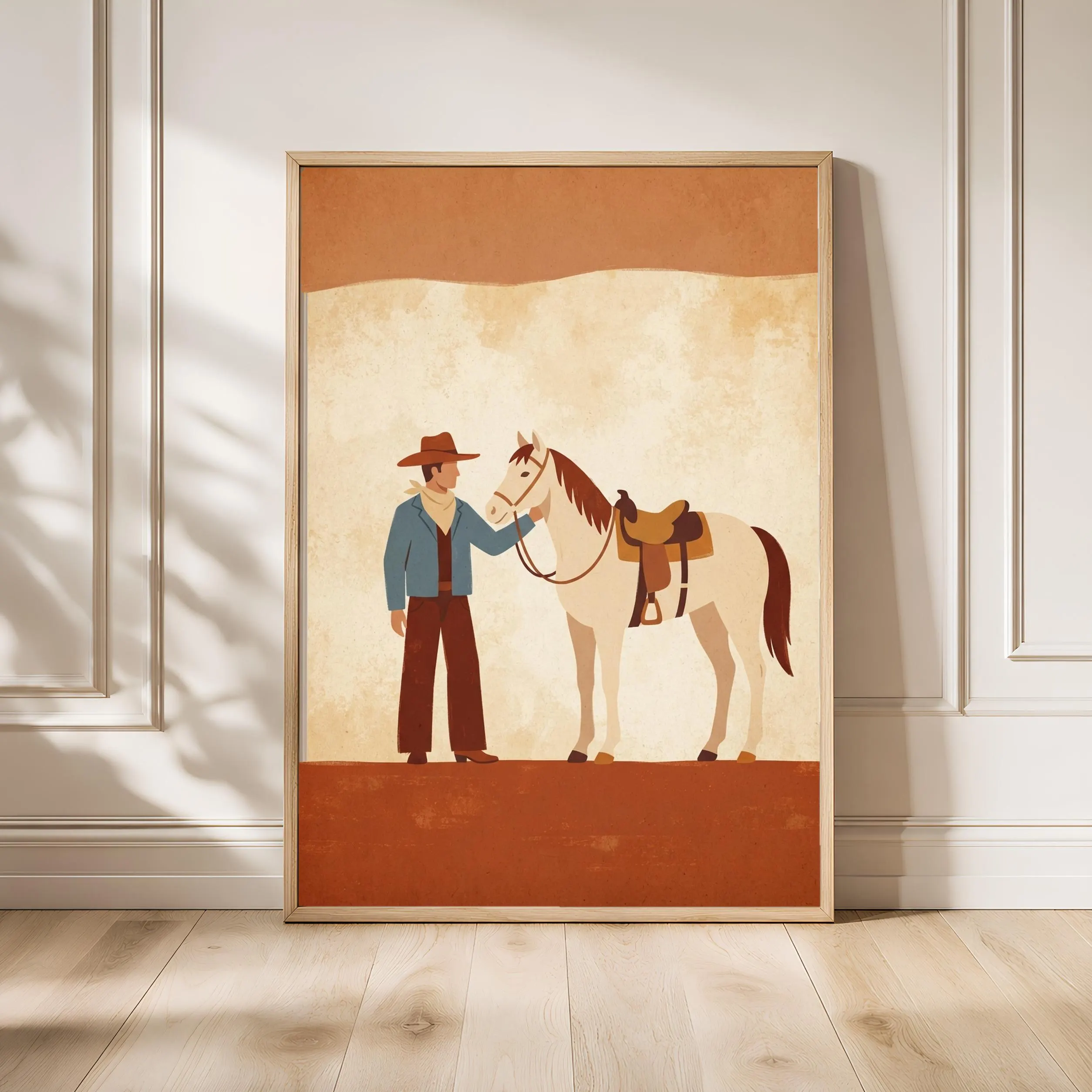 Cowboy and Horse Print, Western Folk Art Poster, Rust Wall Art, Ranch Housewarming Gift – Calm Wall Art by Artsify - Image 1