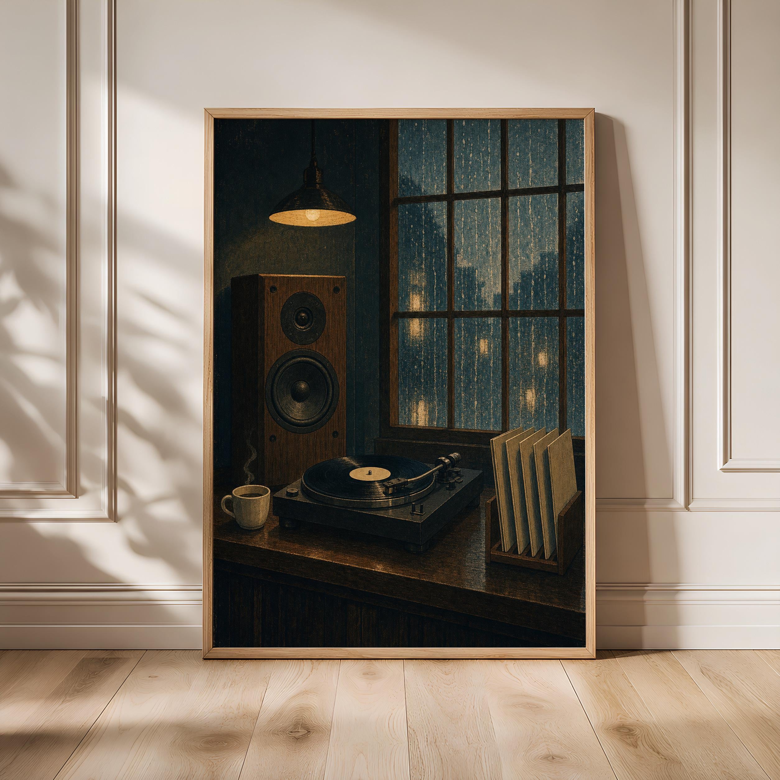 Japanese Jazz Kissa Print, Vintage Listening Room Wall Art, Rainy Cafe Poster, Audiophile Music Decor, Housewarming Gift – Calm Wall Art by Artsify - Image 1