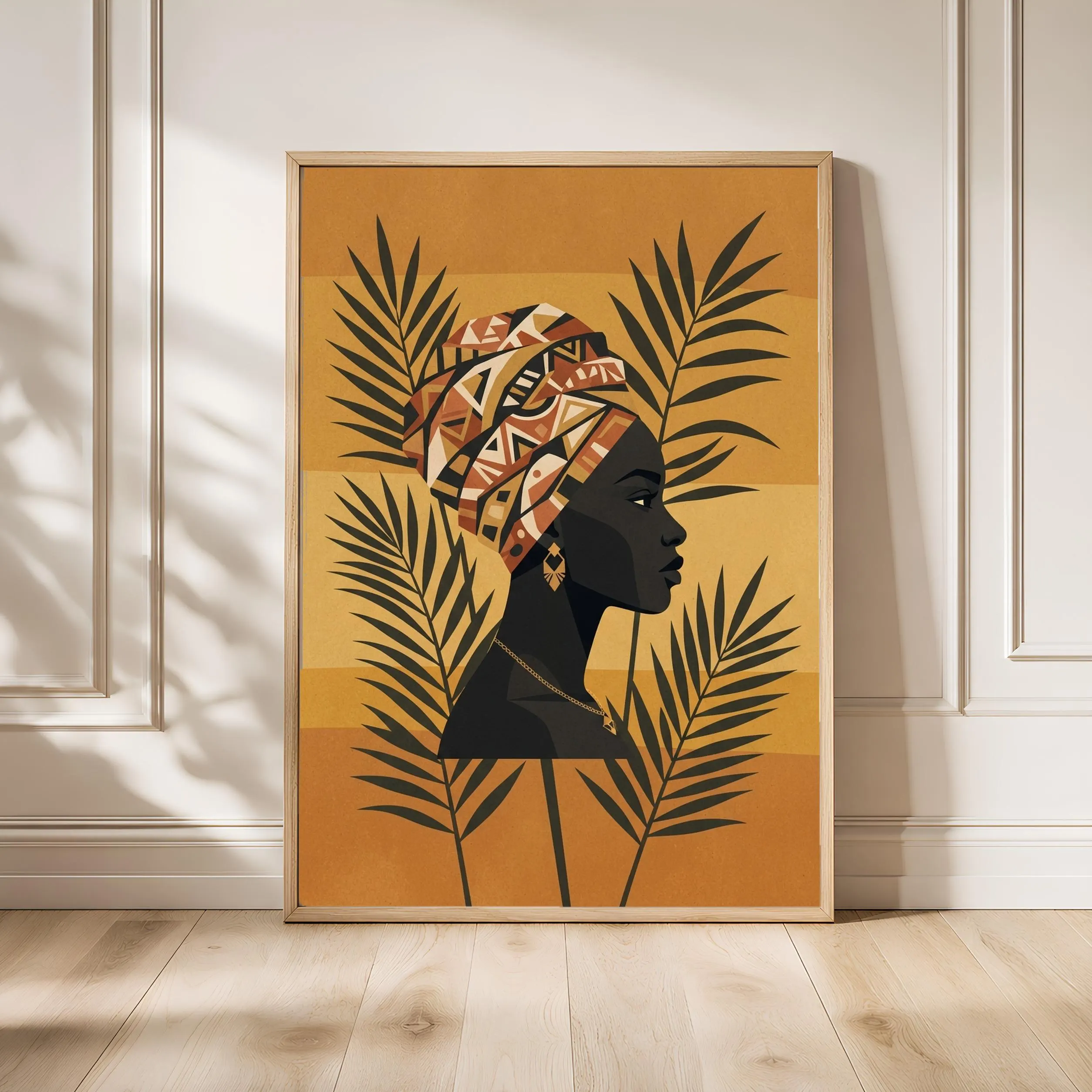 Turban Silhouette Wall Art, Afrocentric Portrait Poster, Palm Leaf Print, Entryway Decor, Housewarming Gift – Calm Wall Art by Artsify - Image 1