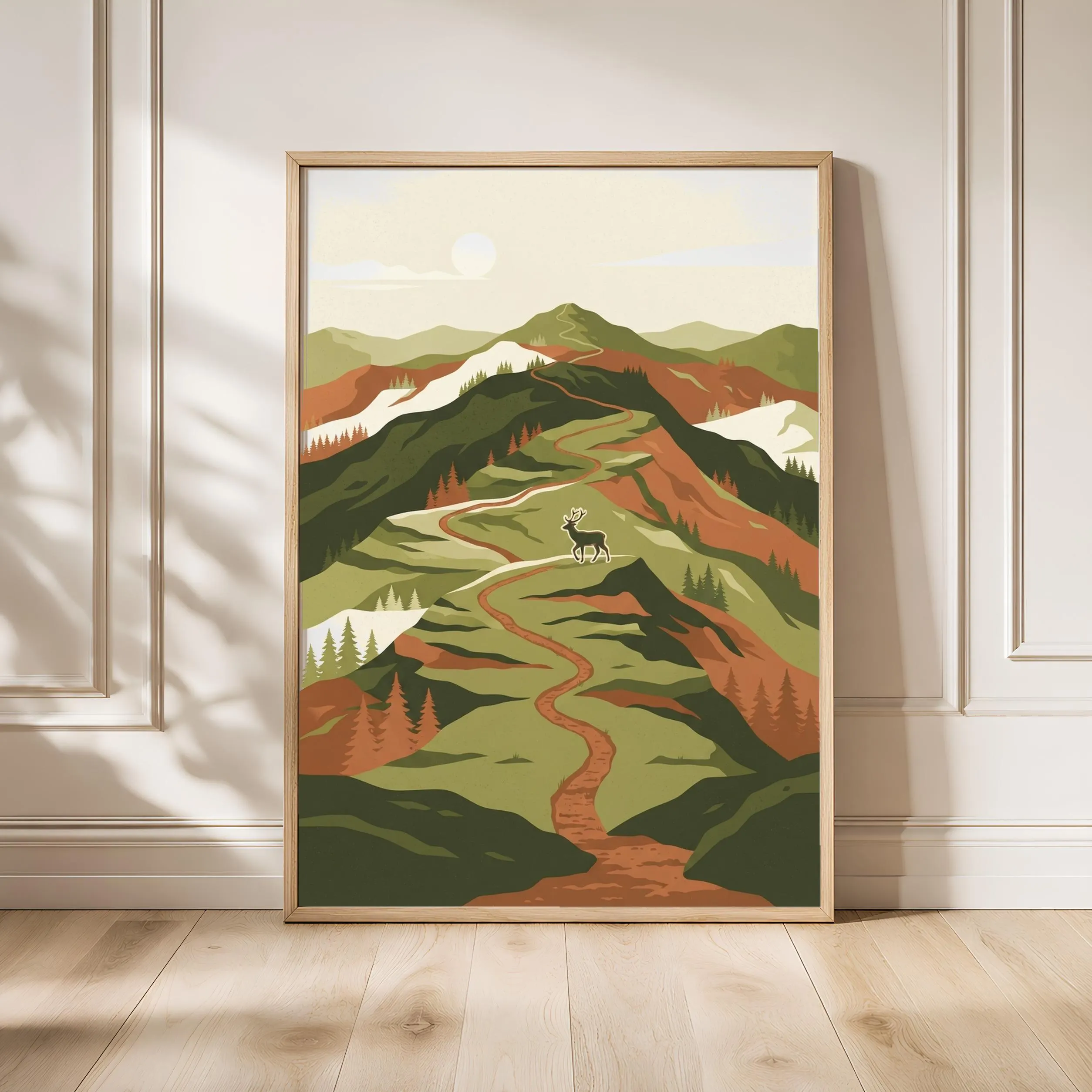 Vintage Hiking Trail Print, Retro Mountain Poster, Deer Wall Art, Office Decor, Housewarming Gift – Calm Wall Art by Artsify - Image 1
