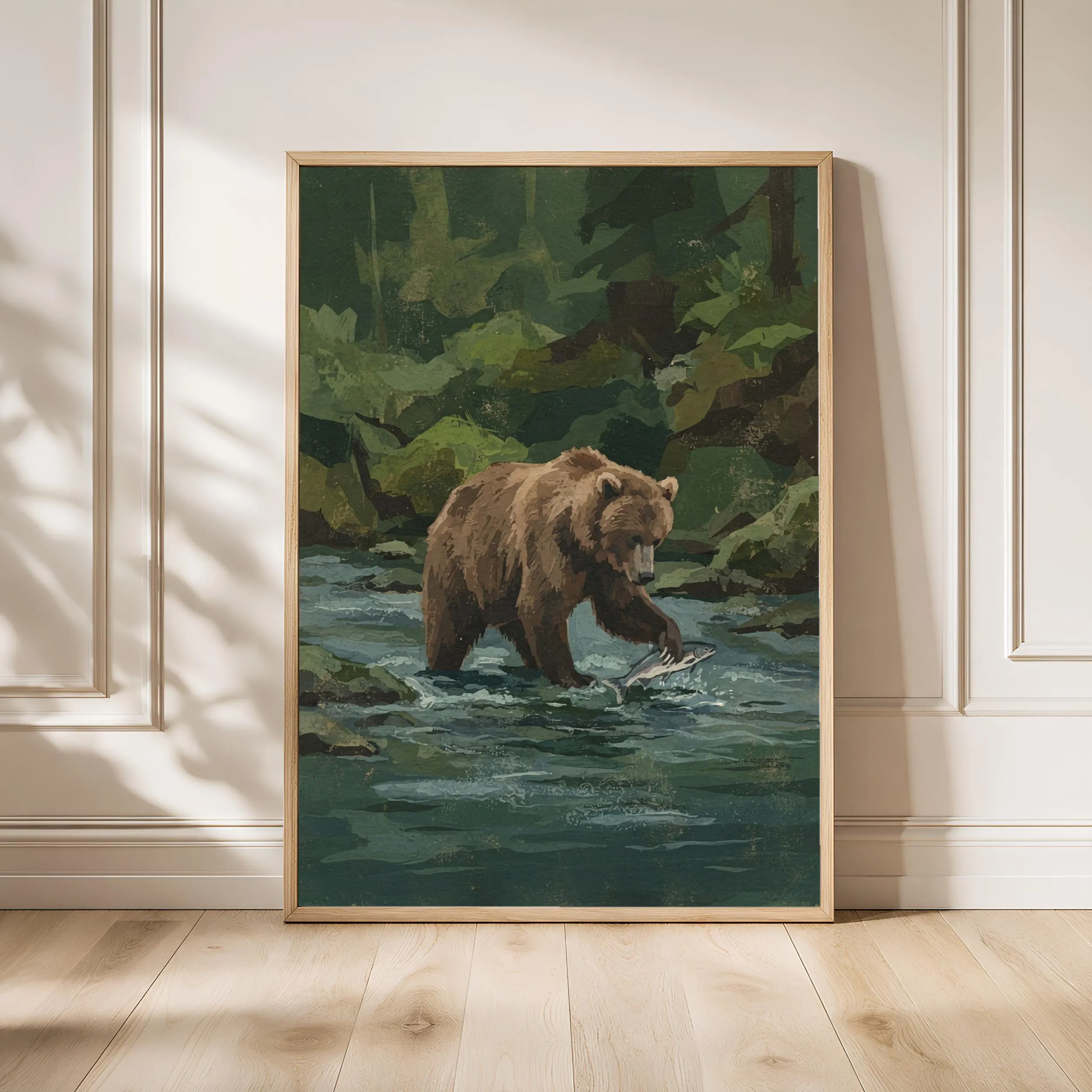 Bear Wall Art, Forest Green Minimalist Wildlife Painting, Vintage Woodland Print, Housewarming Gift – Calm Wall Art by Artsify