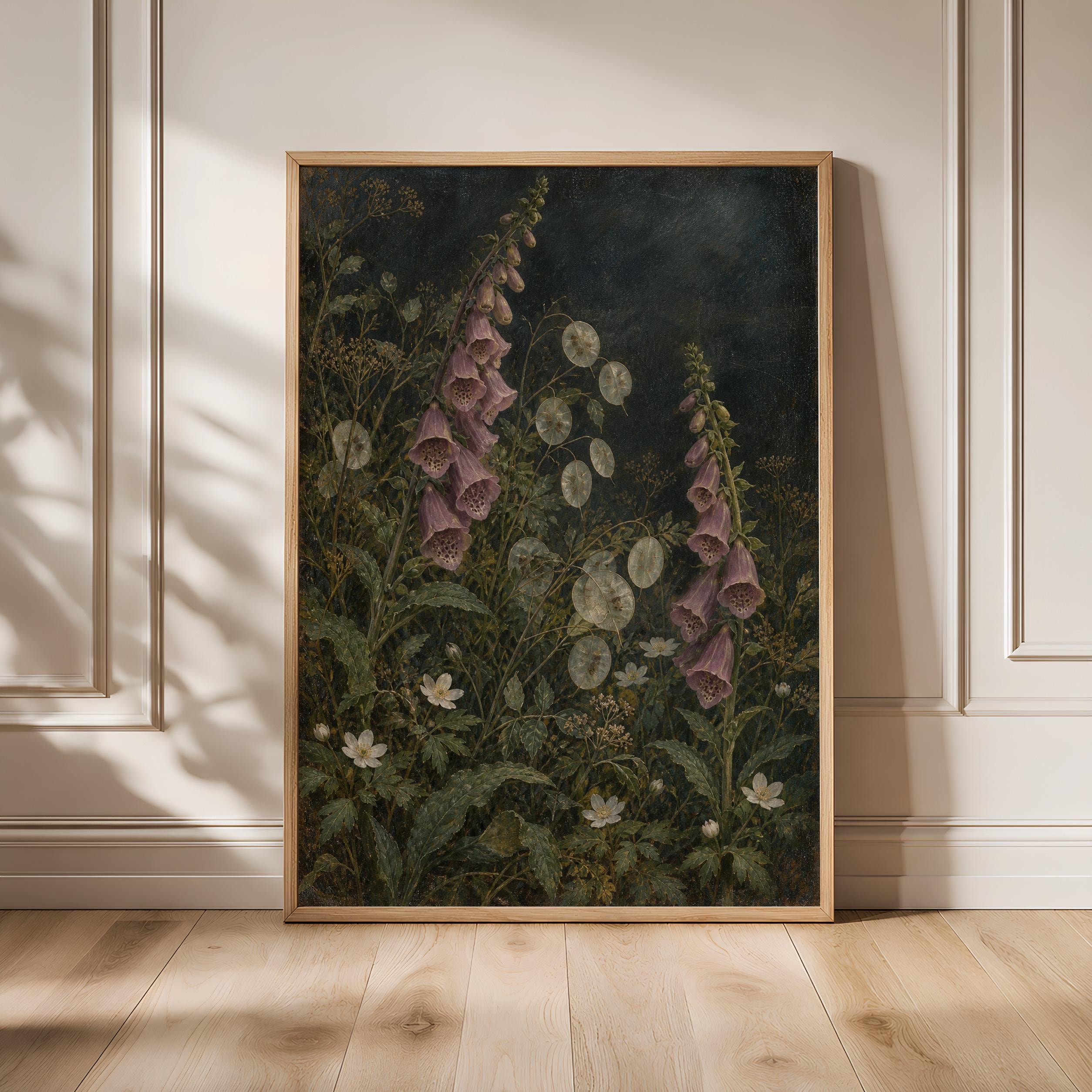 Foxglove and Honesty Wall Art, Moody Night Garden Oil Painting, Dark Academia Decor – Calm Wall Art by Artsify - Image 1