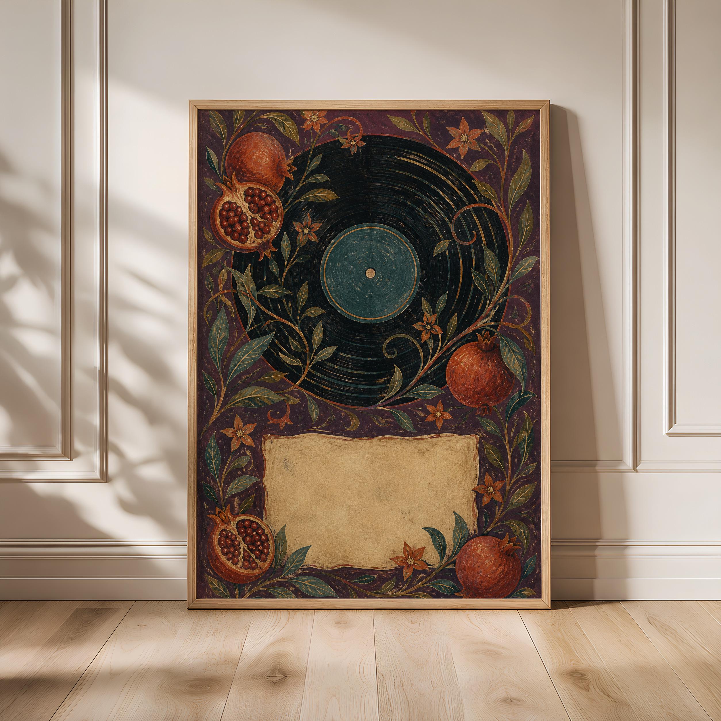 Pomegranate Wall Art, Arts and Crafts Botanical Painting, Vinyl Record Kitchen Decor – Calm Wall Art by Artsify - Image 1