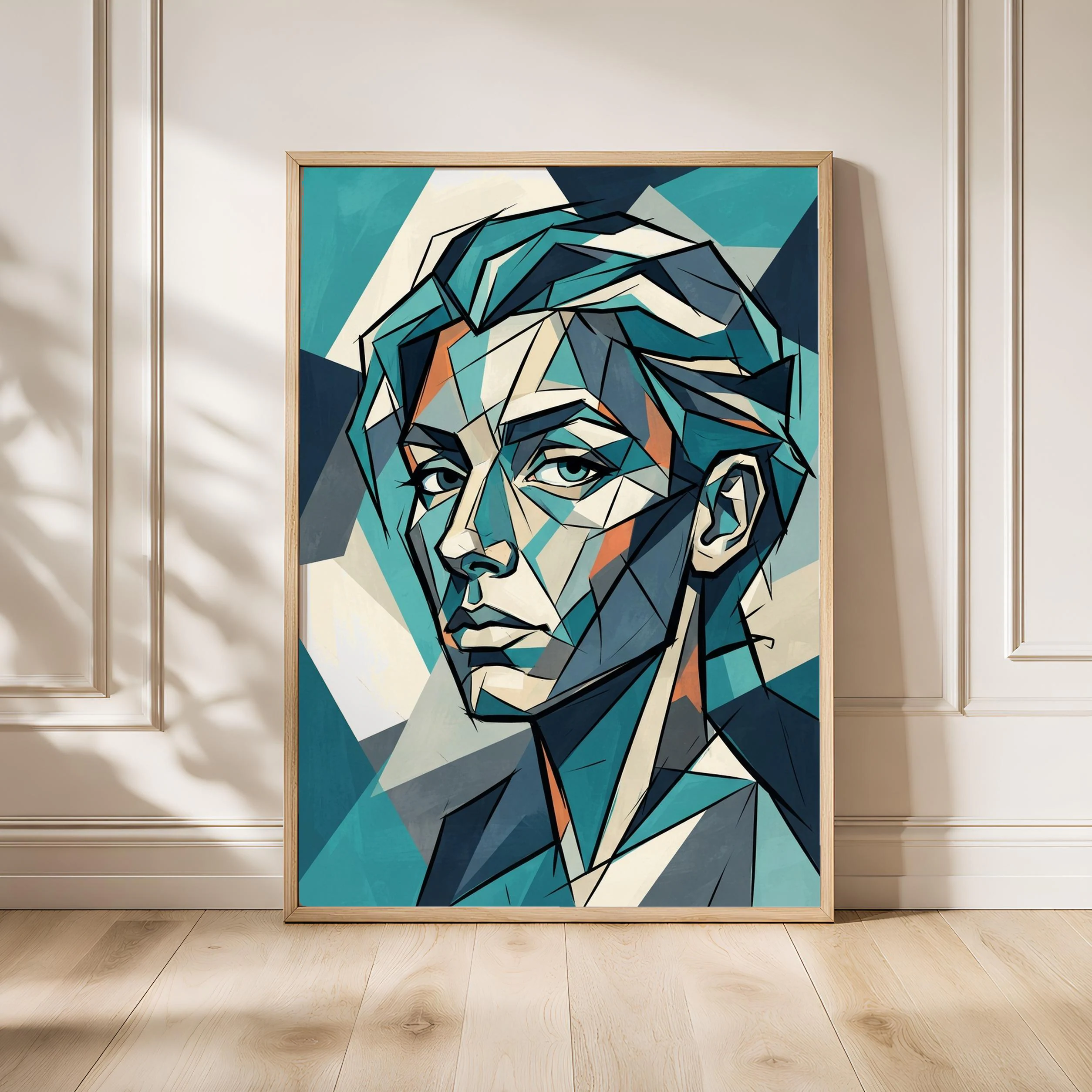 Cubist Portrait Print, Abstract Geometric Face Poster, Teal Wall Art, Modern Art Gift – Calm Wall Art by Artsify - Image 1