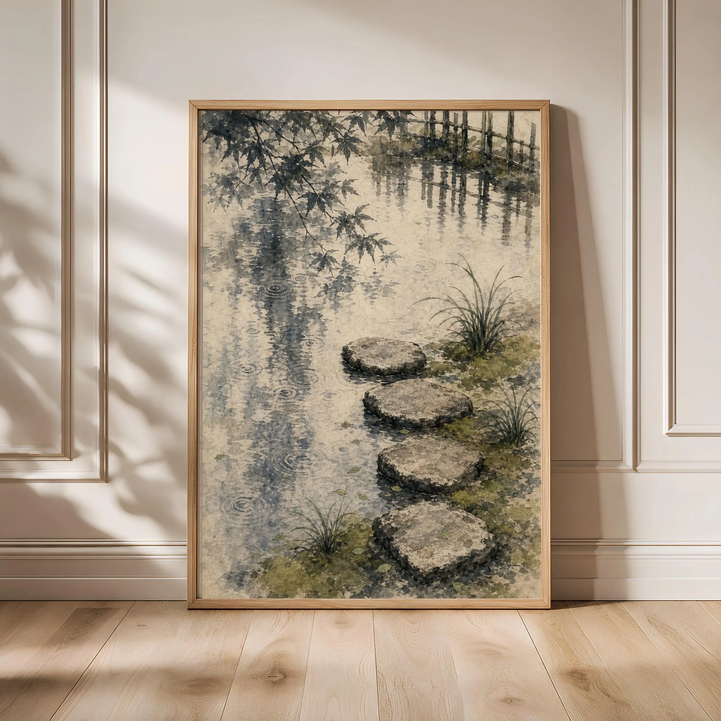 Japanese Tea Garden Print, Stepping Stone Wall Art, Sumi E Pond Poster, Japandi Zen Decor, Housewarming Gift – Calm Wall Art by Artsify - Image 1