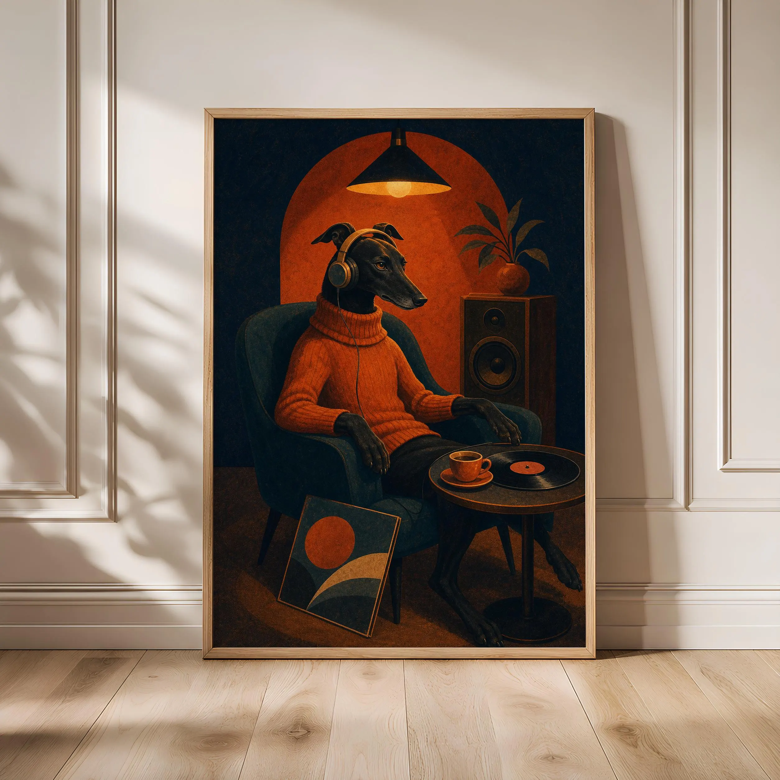 Greyhound Music Art Print, Retro Vinyl Listening Poster, Mid Century Dog Wall Art, Music Room Decor, Housewarming Gift – Calm Wall Art by Artsify - Image 1