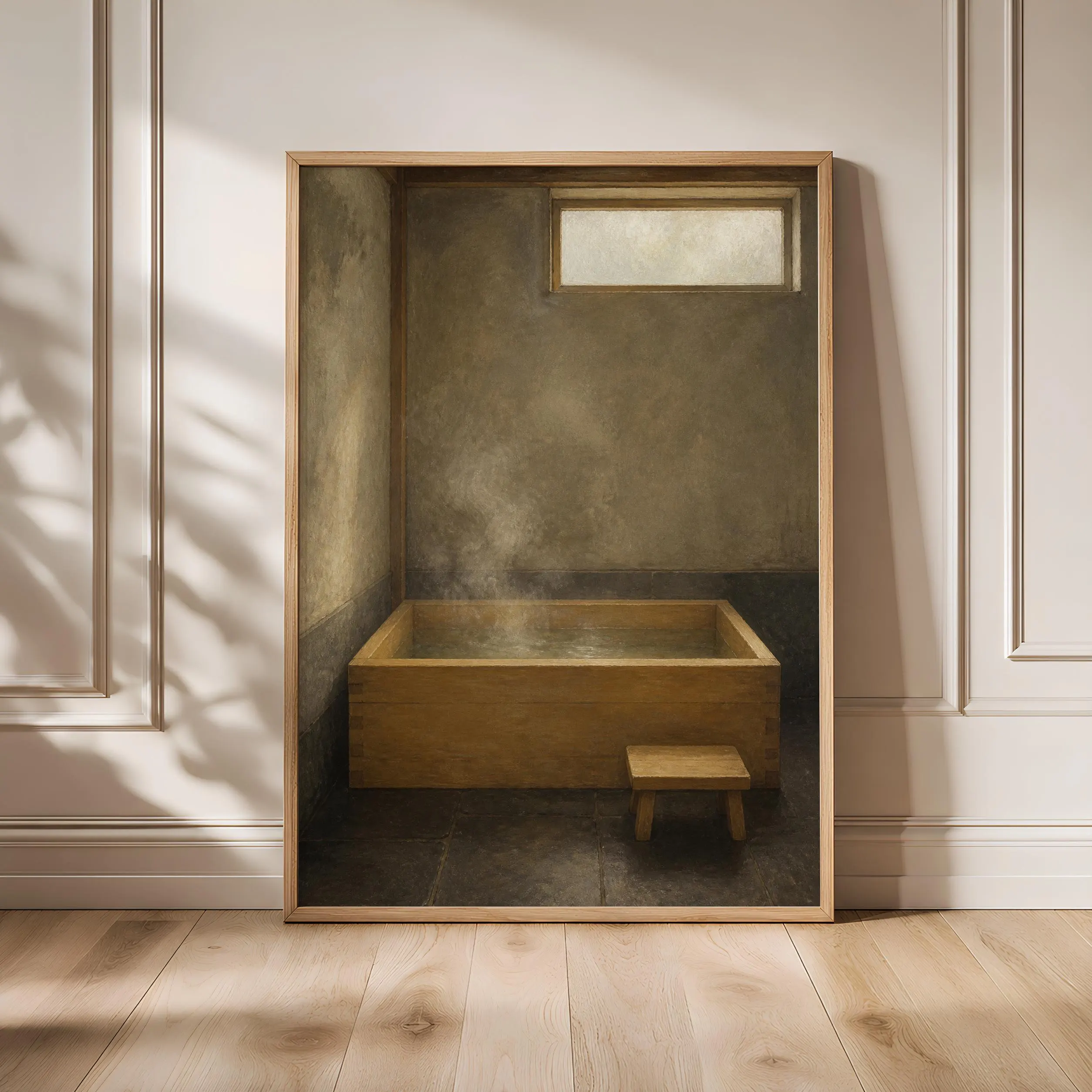 Hinoki Bathtub Wall Art, Japanese Bathhouse Painting, Steamy Wood Bath Decor Print – Calm Wall Art by Artsify - Image 1