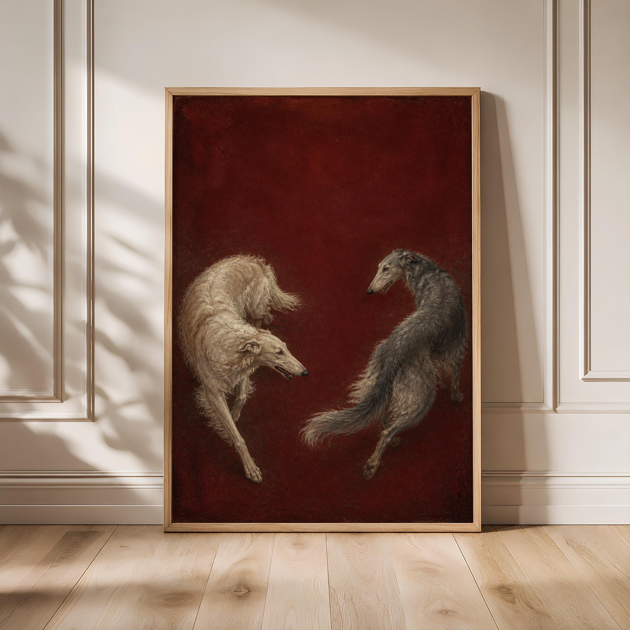 Borzoi Pair Wall Art, Claret Tempera Dog Painting, Vintage Sighthound Print, Housewarming Gift – Calm Wall Art by Artsify - Image 1