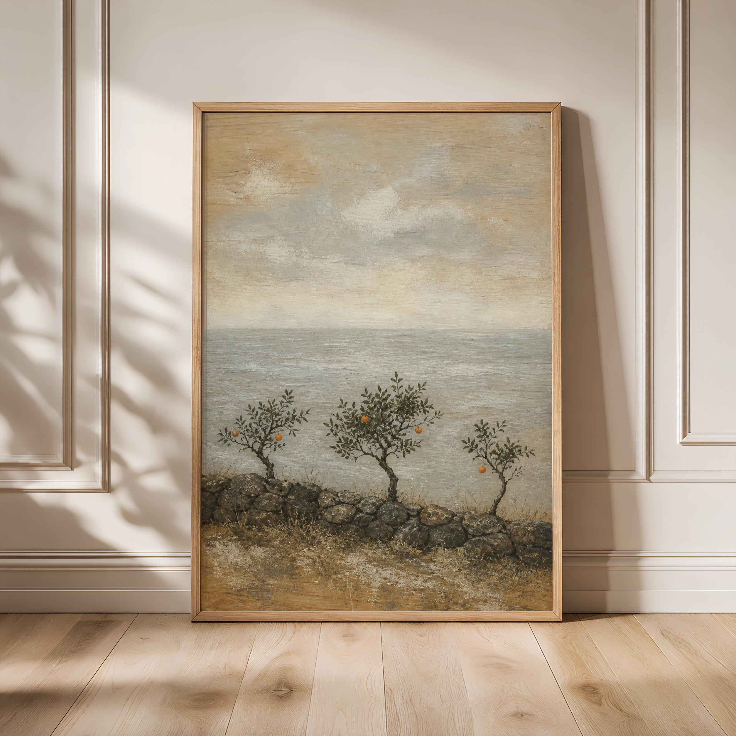Mandarin Orchard Wall Art, Winter Sea Landscape, Muted Coastal Orange Tree Print – Calm Wall Art by Artsify - Image 1