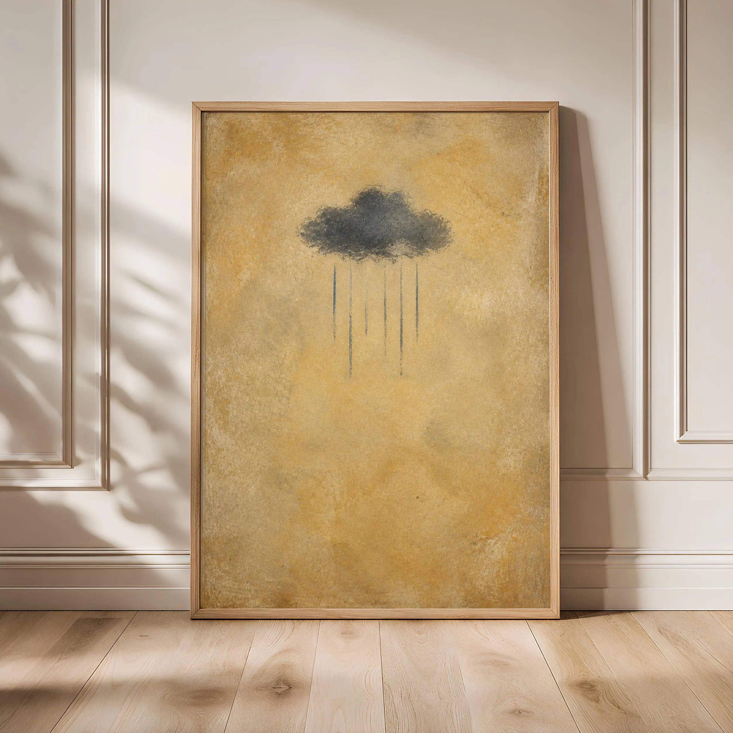 Rain Cloud Wall Art, Minimalist Storm Sky Painting, Warm Ochre Boho Print – Calm Wall Art by Artsify - Image 1