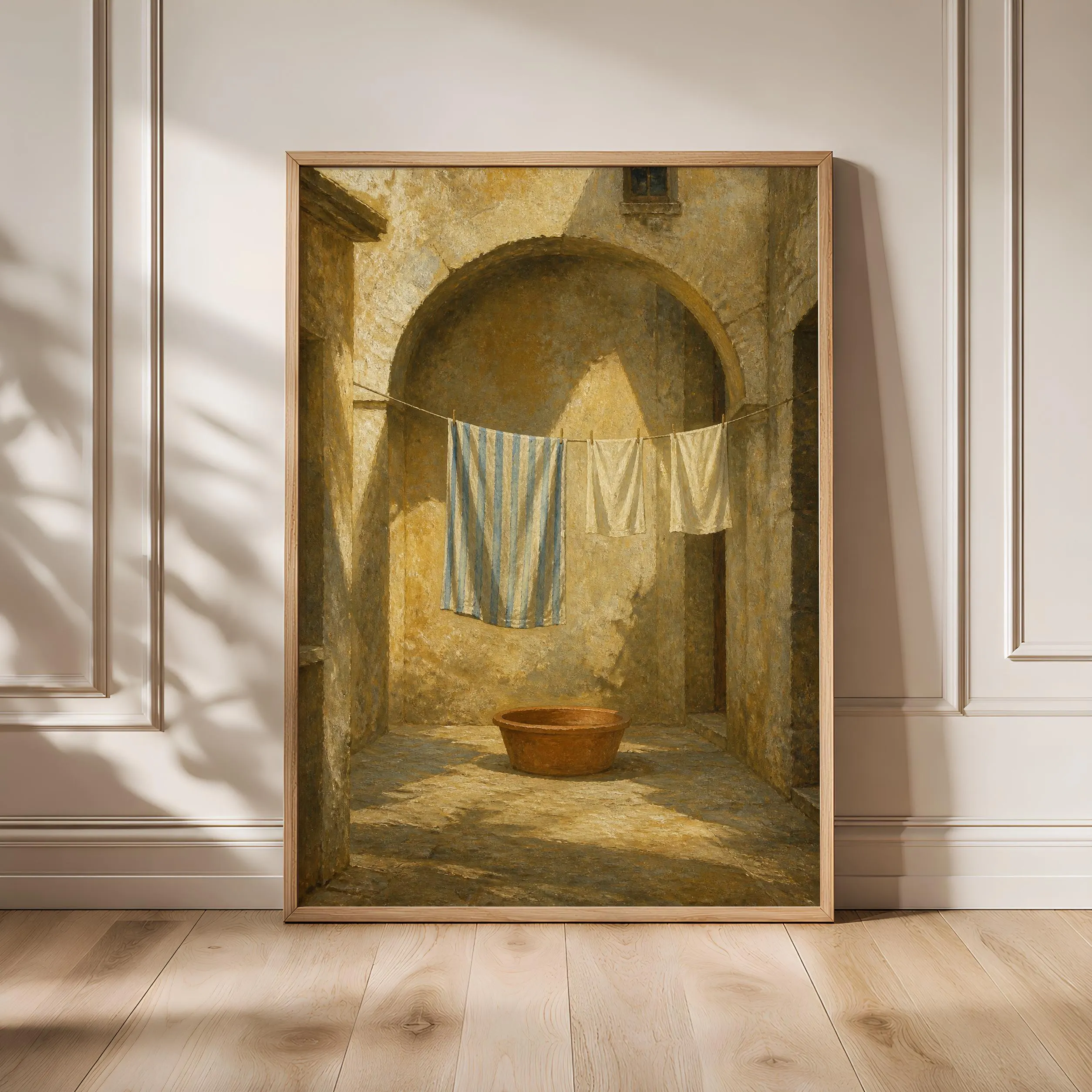 Mediterranean Laundry Wall Art, Indigo Linen Courtyard Oil Painting, Rustic European Print – Calm Wall Art by Artsify - Image 1