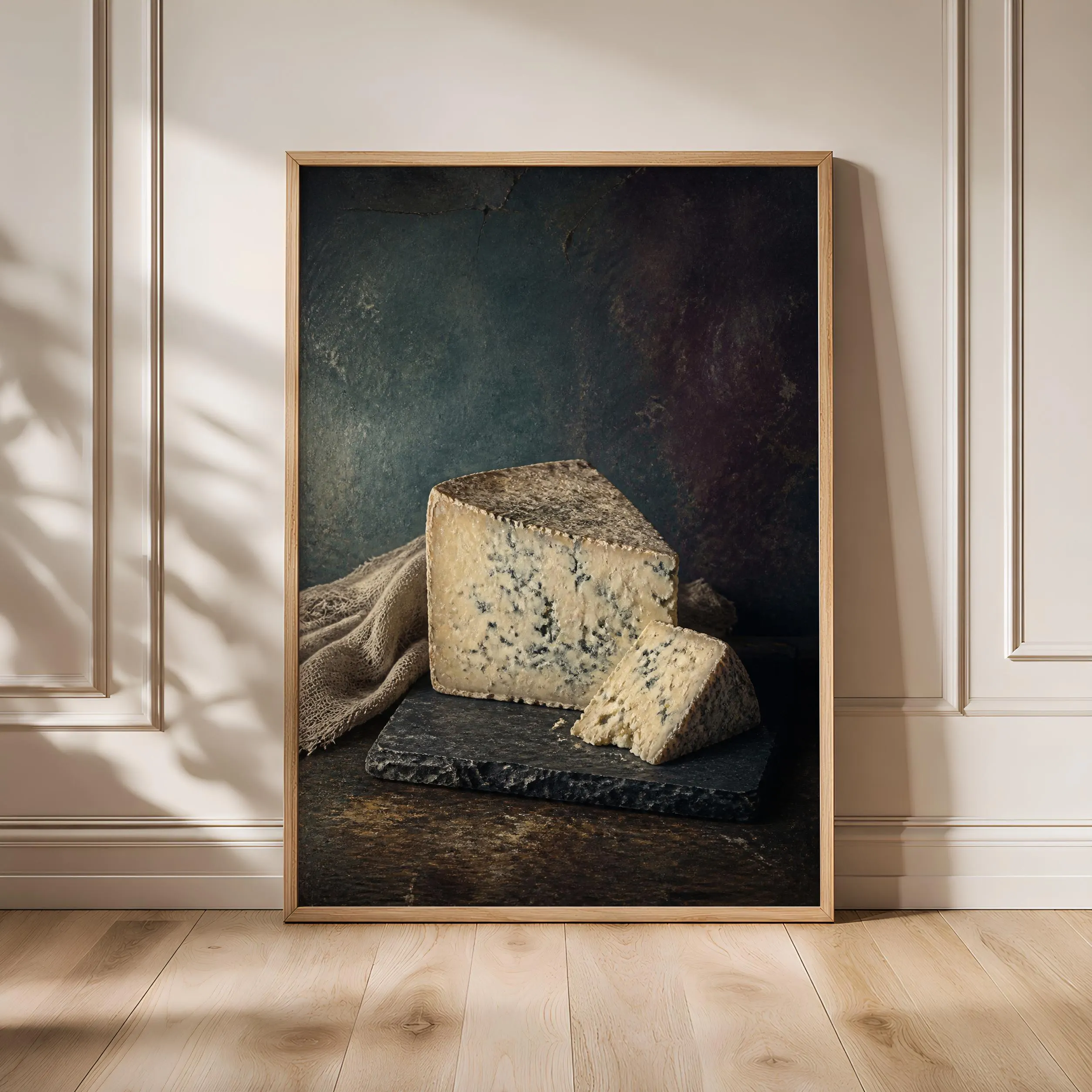 Blue Cheese Wall Art, Rustic Cellar Still Life, Moody Dark Kitchen Print – Calm Wall Art by Artsify - Image 1