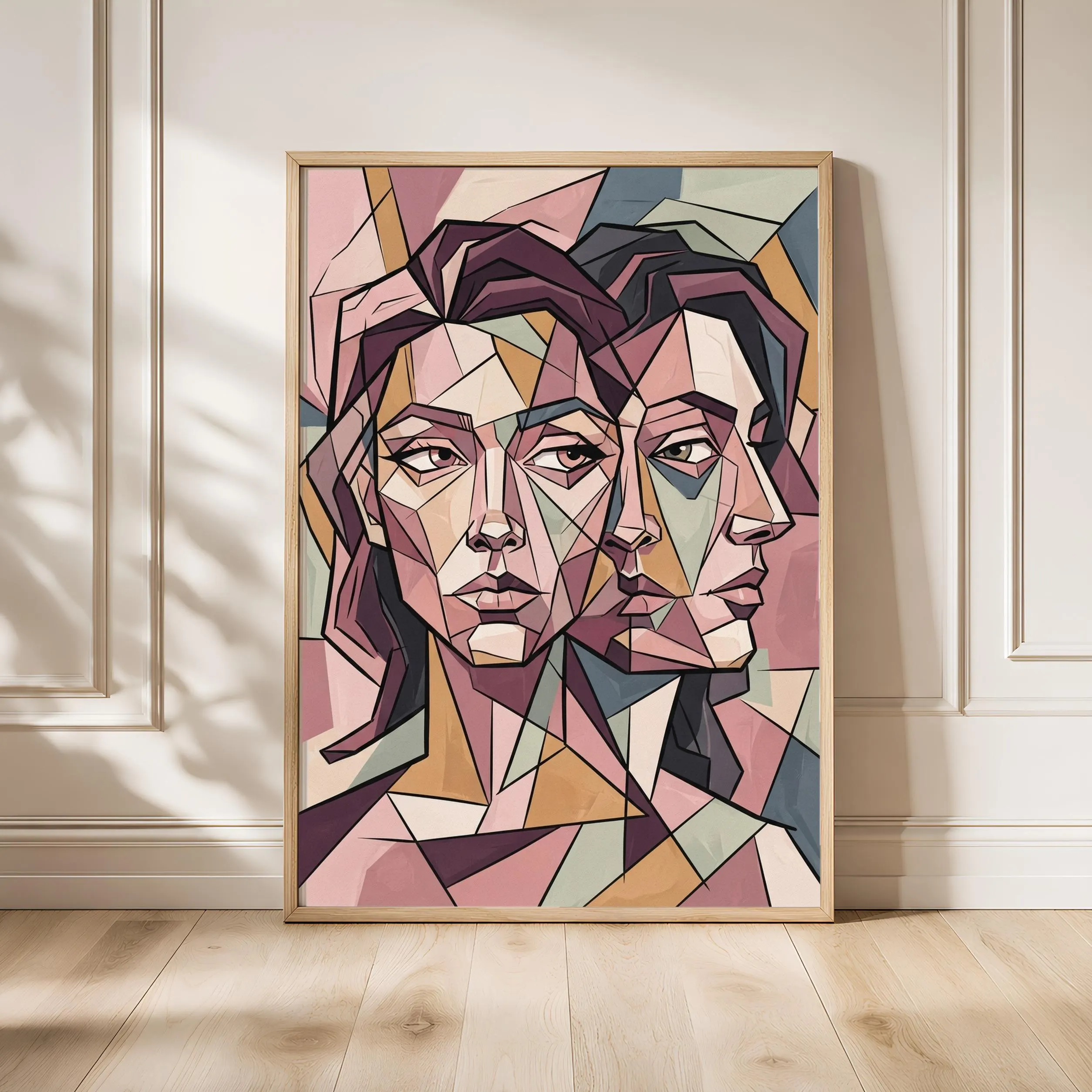 Cubist Duo Portrait Print, Abstract Geometric Faces Poster, Blush Wall Art, Modern Art Gift – Calm Wall Art by Artsify - Image 1