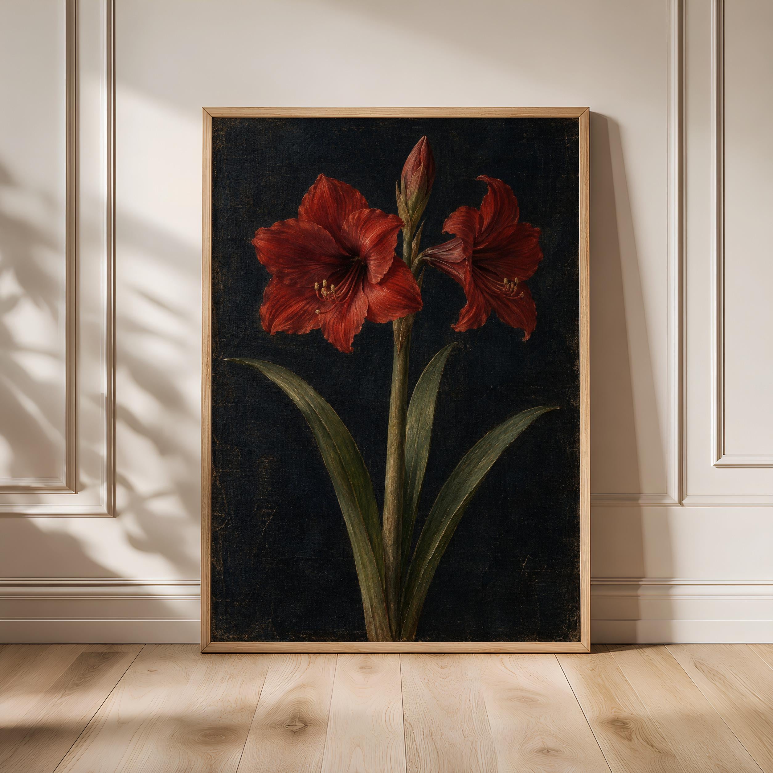 Red Amaryllis Wall Art, Minimal Moody Floral Oil Painting, Romantic Bedroom Decor – Calm Wall Art by Artsify - Image 1