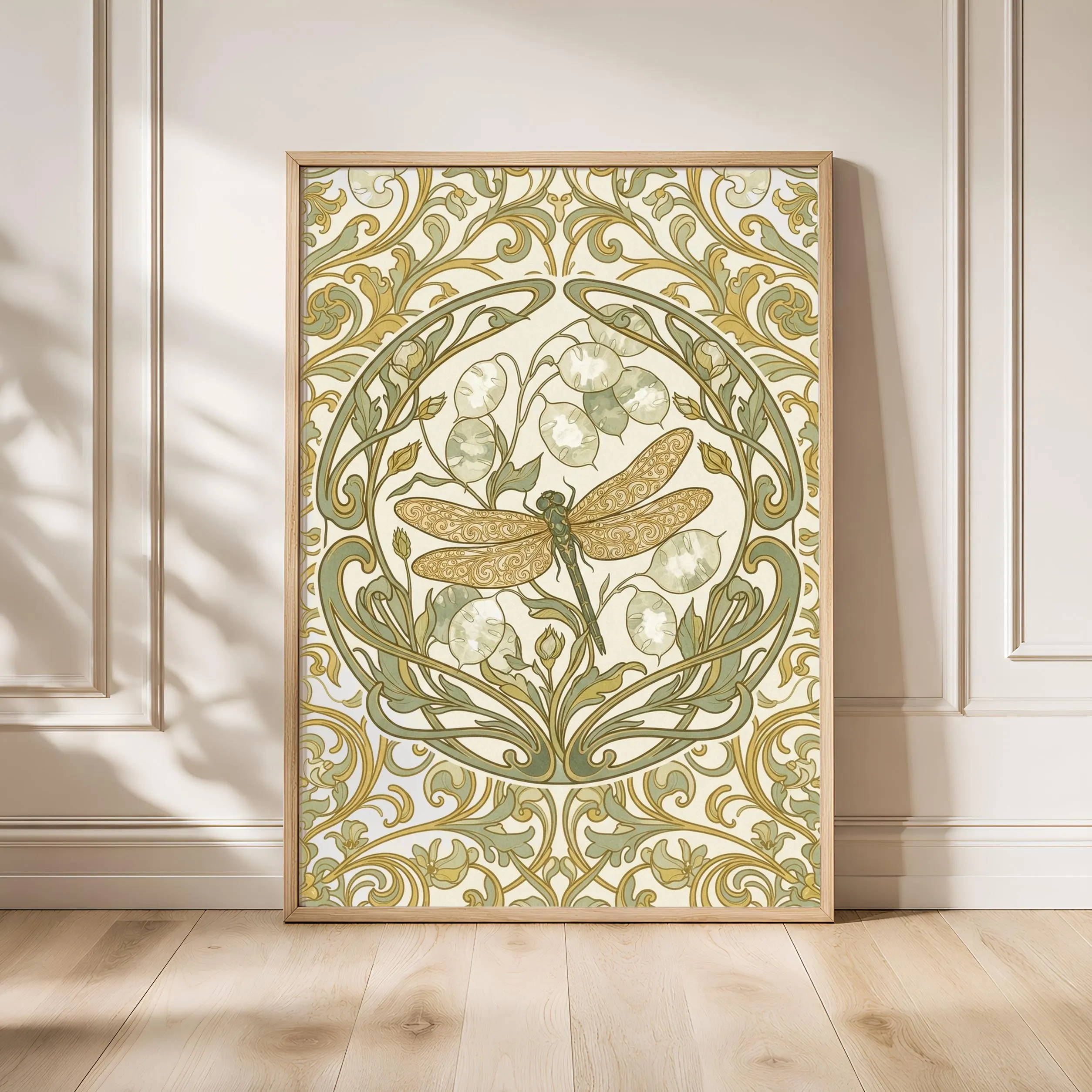 Art Nouveau Dragonfly Print, Golden Retro Floral Poster, Gold Ornamental Wall Art, Office Decor, Housewarming Gift – Calm Wall Art by Artsify - Image 1