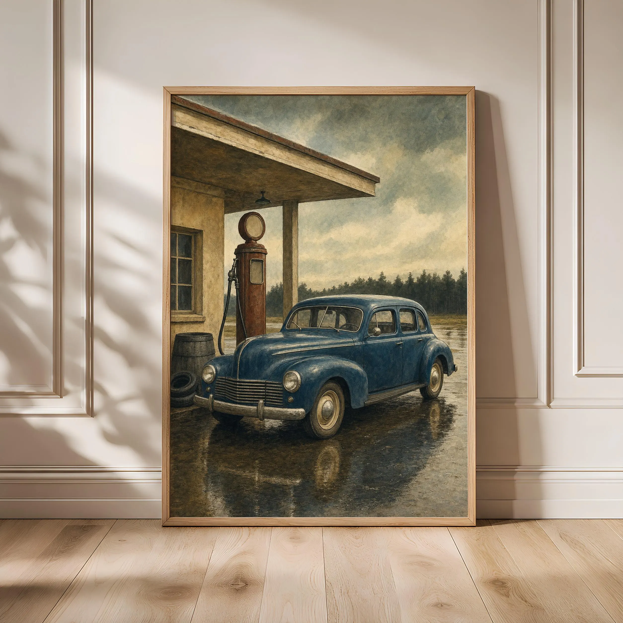 Vintage Gas Station Print, Classic Car Garage Wall Art, Rainy Roadside Poster, Petrol Blue Decor, Housewarming Gift – Calm Wall Art by Artsify - Image 1