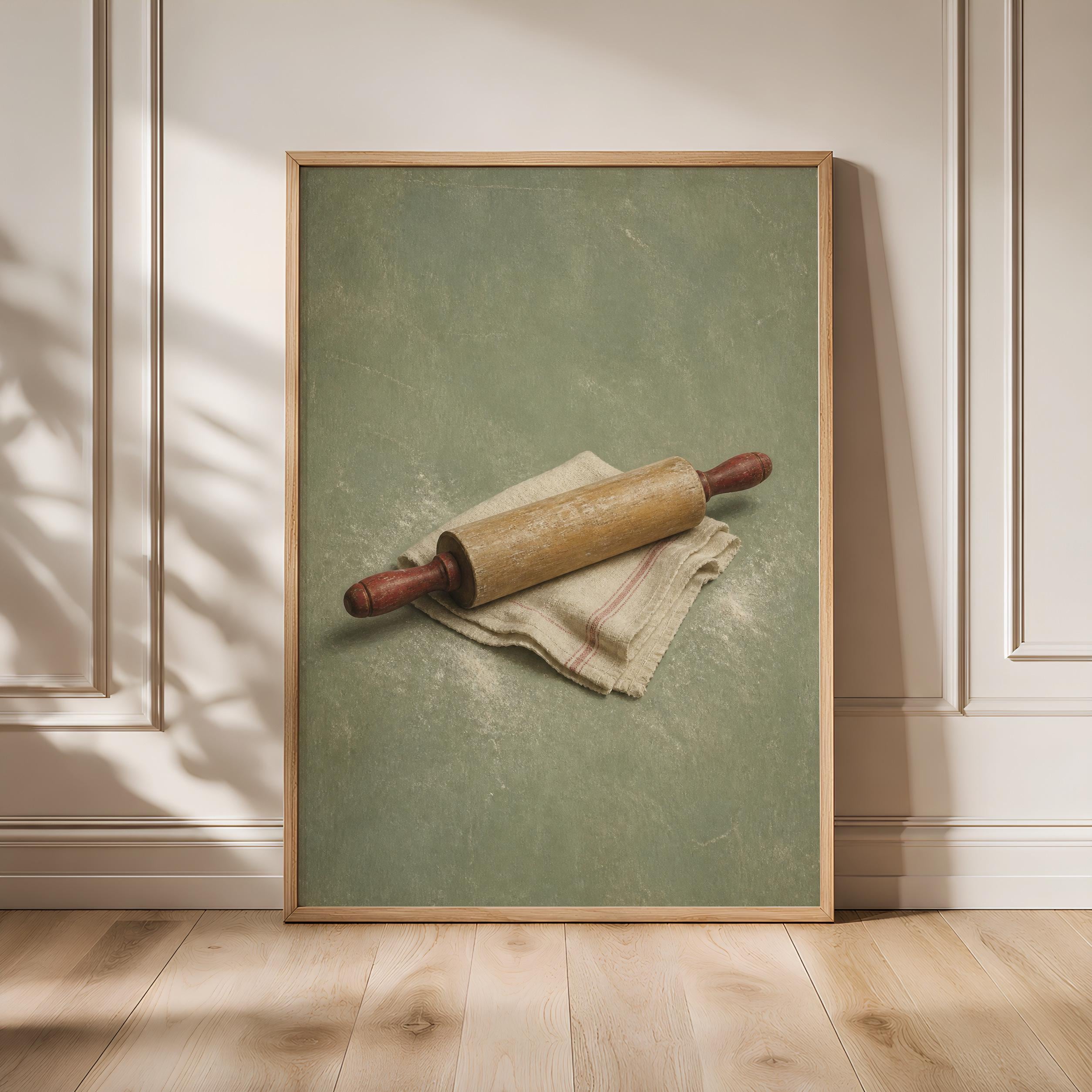Rolling Pin Wall Art, Minimalist Baking Kitchen Painting, Sage Green Vintage Print – Calm Wall Art by Artsify - Image 1