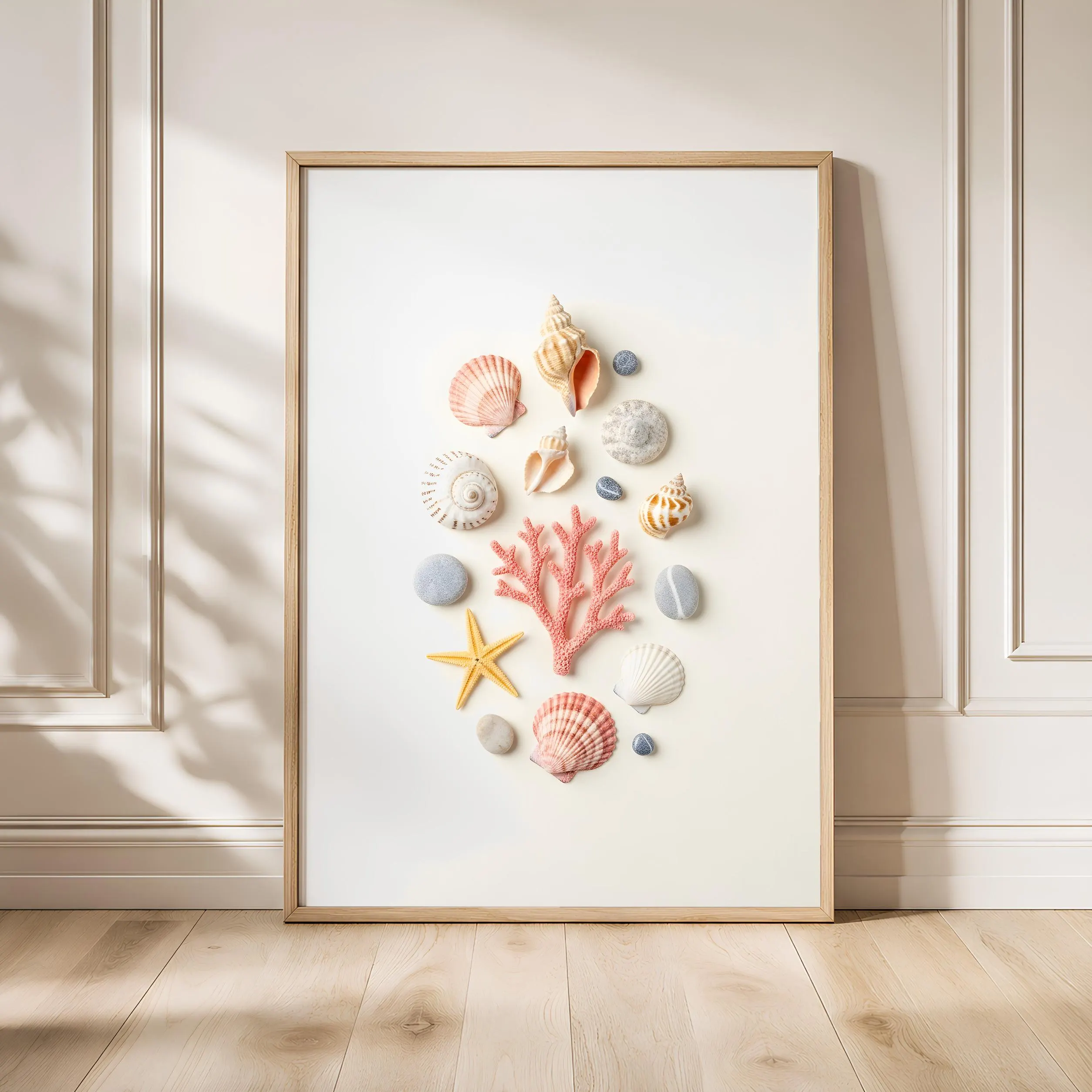 Seashell Coral Print, Beach Collection Poster, Coastal Bathroom Wall Art, Spa Decor, Housewarming Gift – Calm Wall Art by Artsify - Image 1
