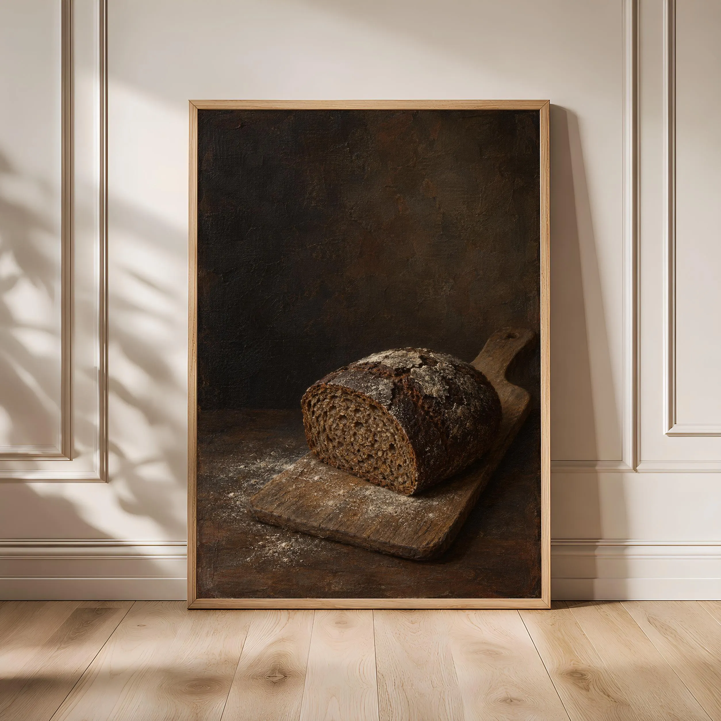 Dark Rye Bread Wall Art, Moody Still Life Oil Painting, Kitchen Decor – Calm Wall Art by Artsify - Image 1