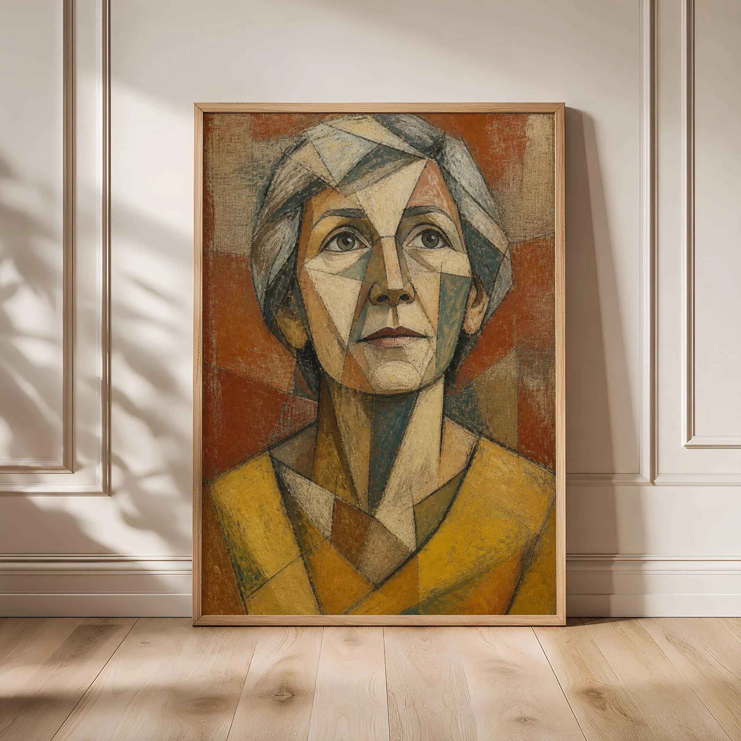 Silver Hair Cubist Portrait Print, Elder Woman Wall Art, Citron Geometric Face Decor – Calm Wall Art by Artsify - Image 1