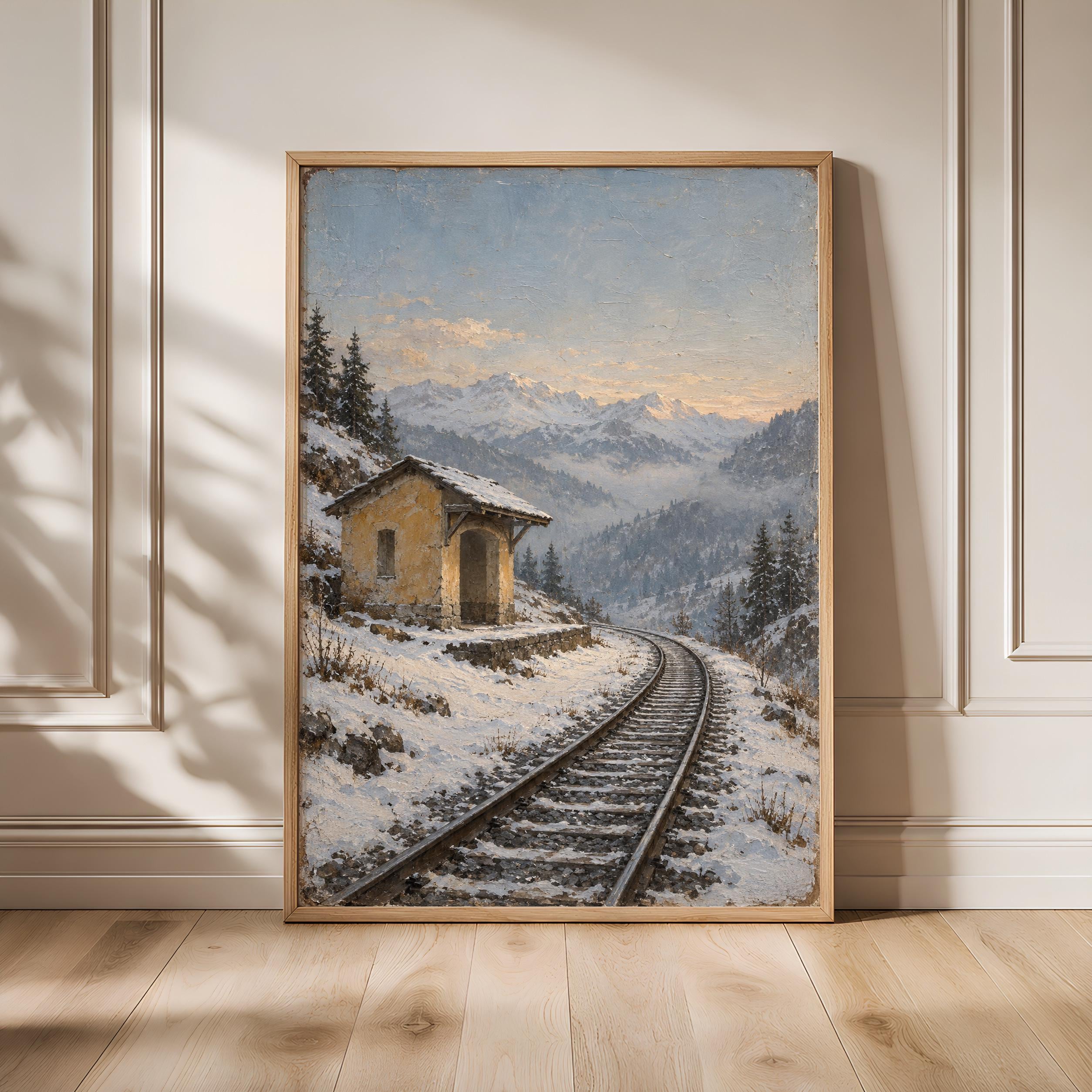 Snowy Alpine Halt Wall Art, Winter Railway Oil Painting, Quiet Mountain Decor – Calm Wall Art by Artsify - Image 1