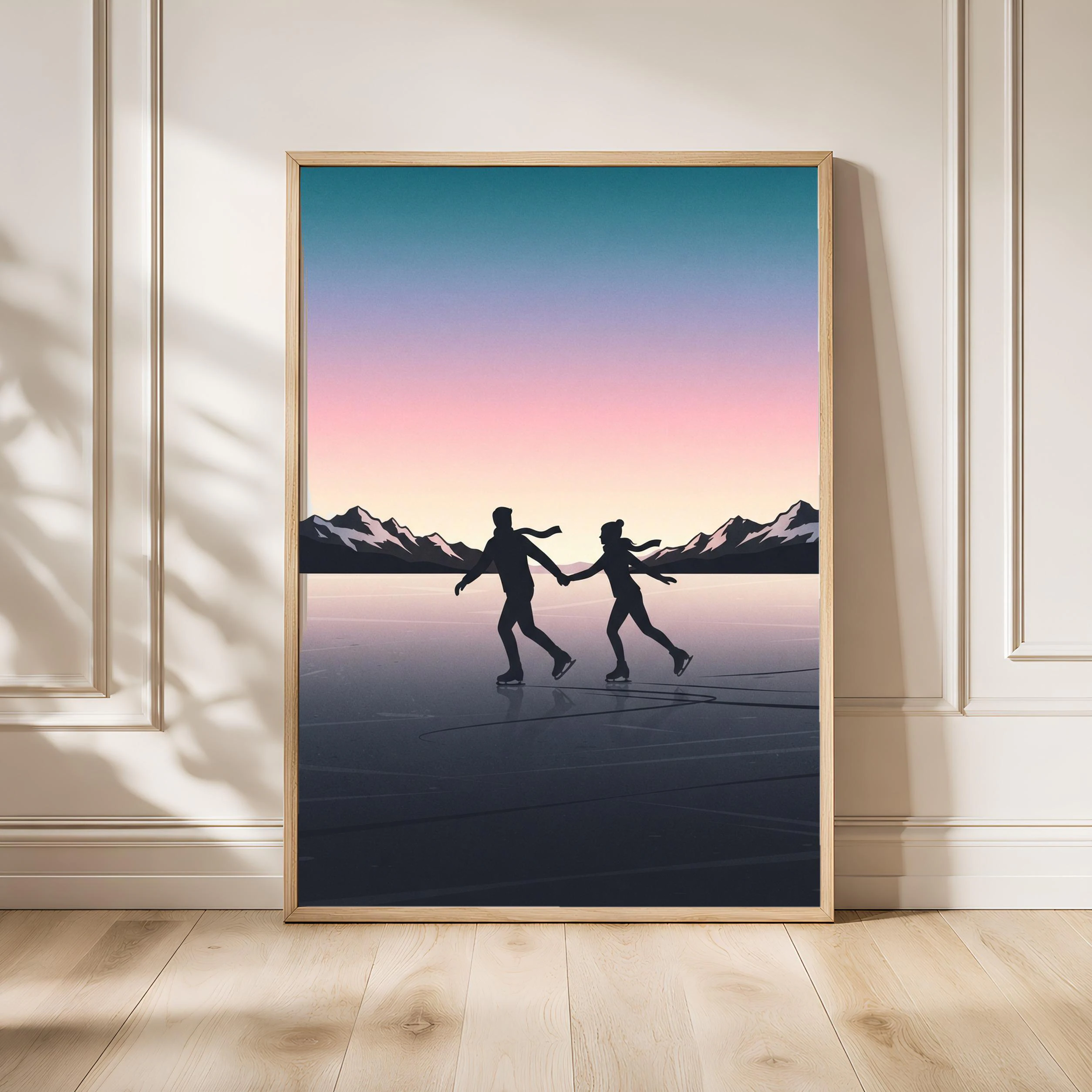 Ice Skaters Print, Winter Mountain Poster, Teal Lavender Wall Art, Skating Gift, Housewarming Gift – Calm Wall Art by Artsify - Image 1