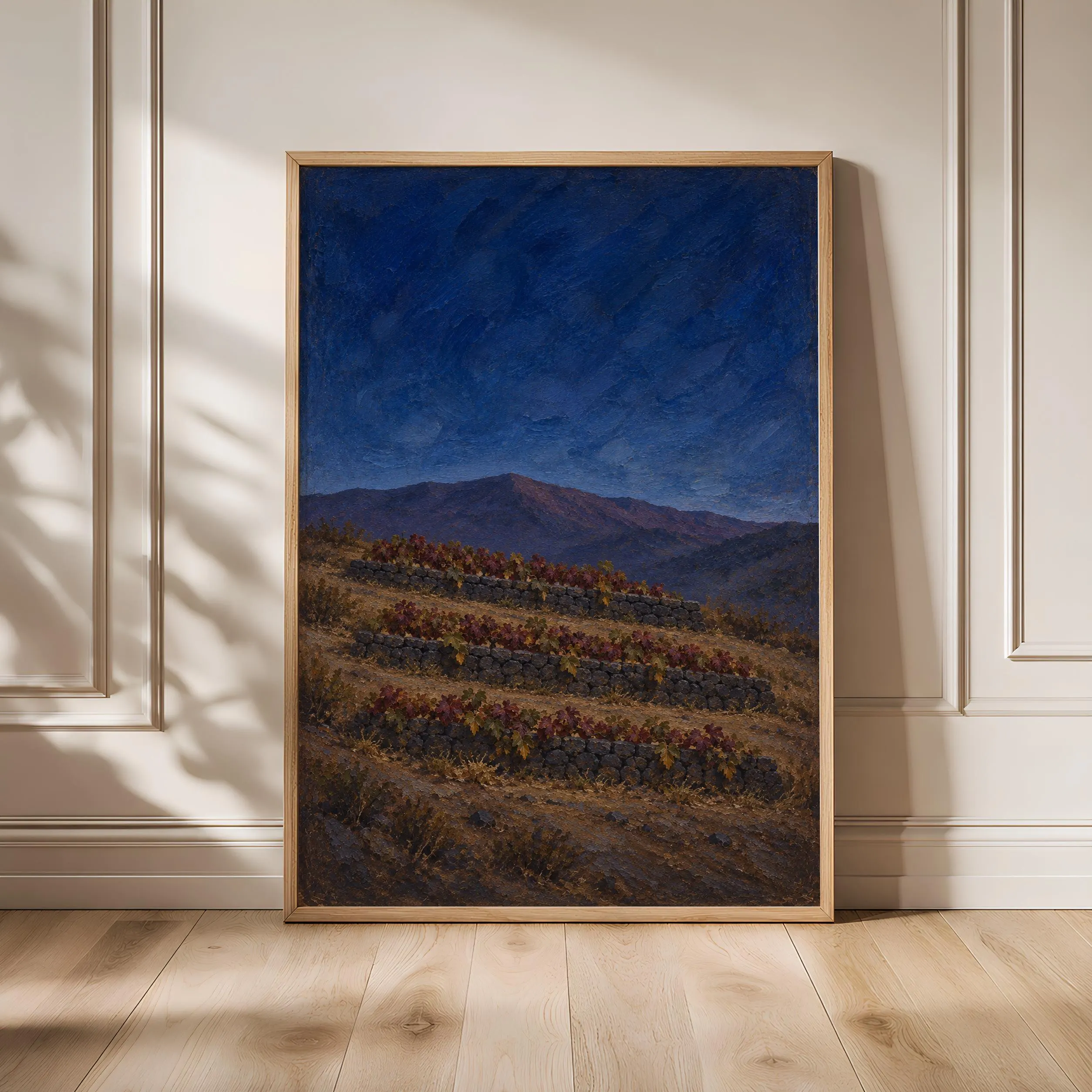 Vineyard Wall Art, Moody Blue Hour Oil Painting, Wine Cellar Decor – Calm Wall Art by Artsify - Image 1