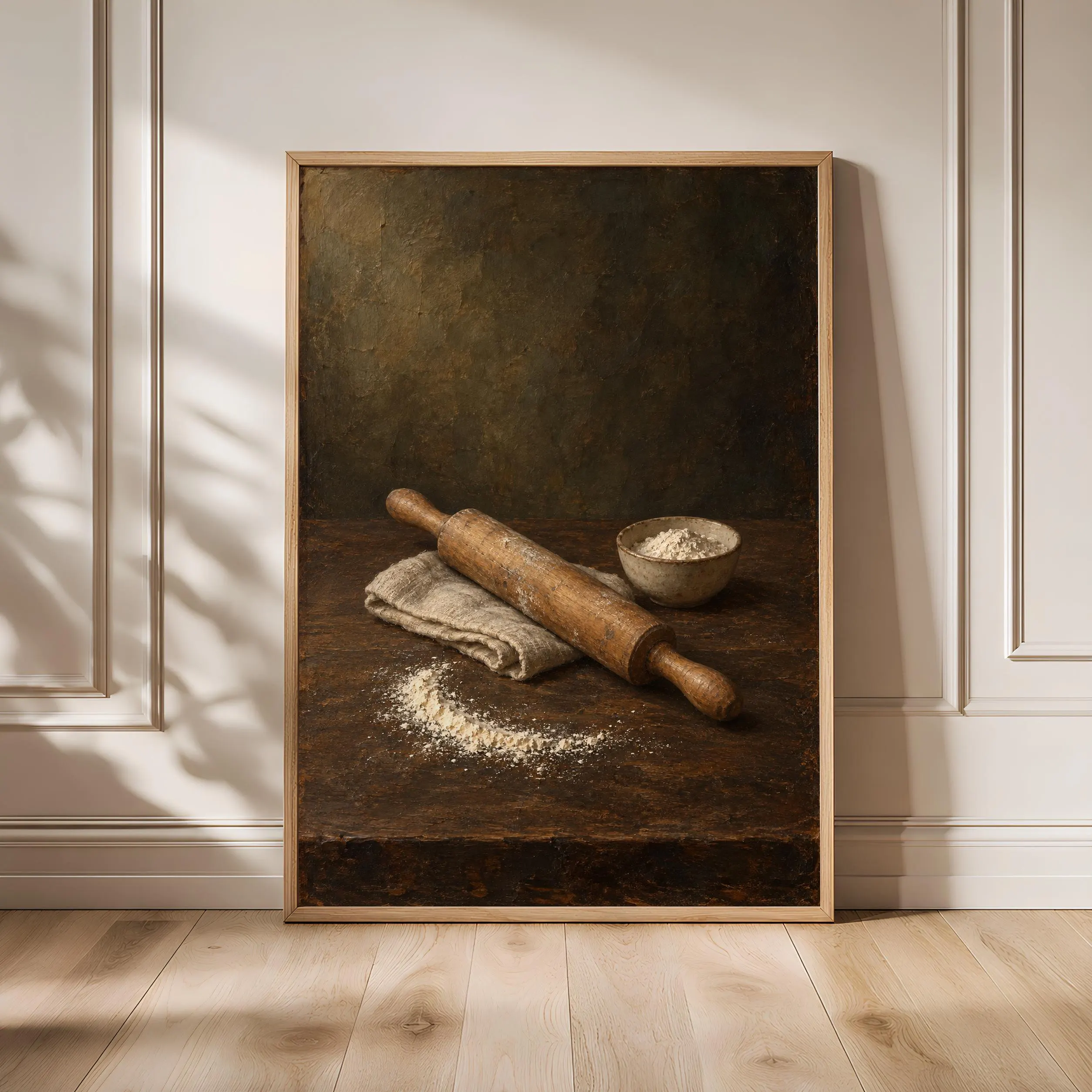 Rolling Pin and Flour Still Life Print, Moody Farmhouse Baking Art – Calm Wall Art by Artsify - Image 1
