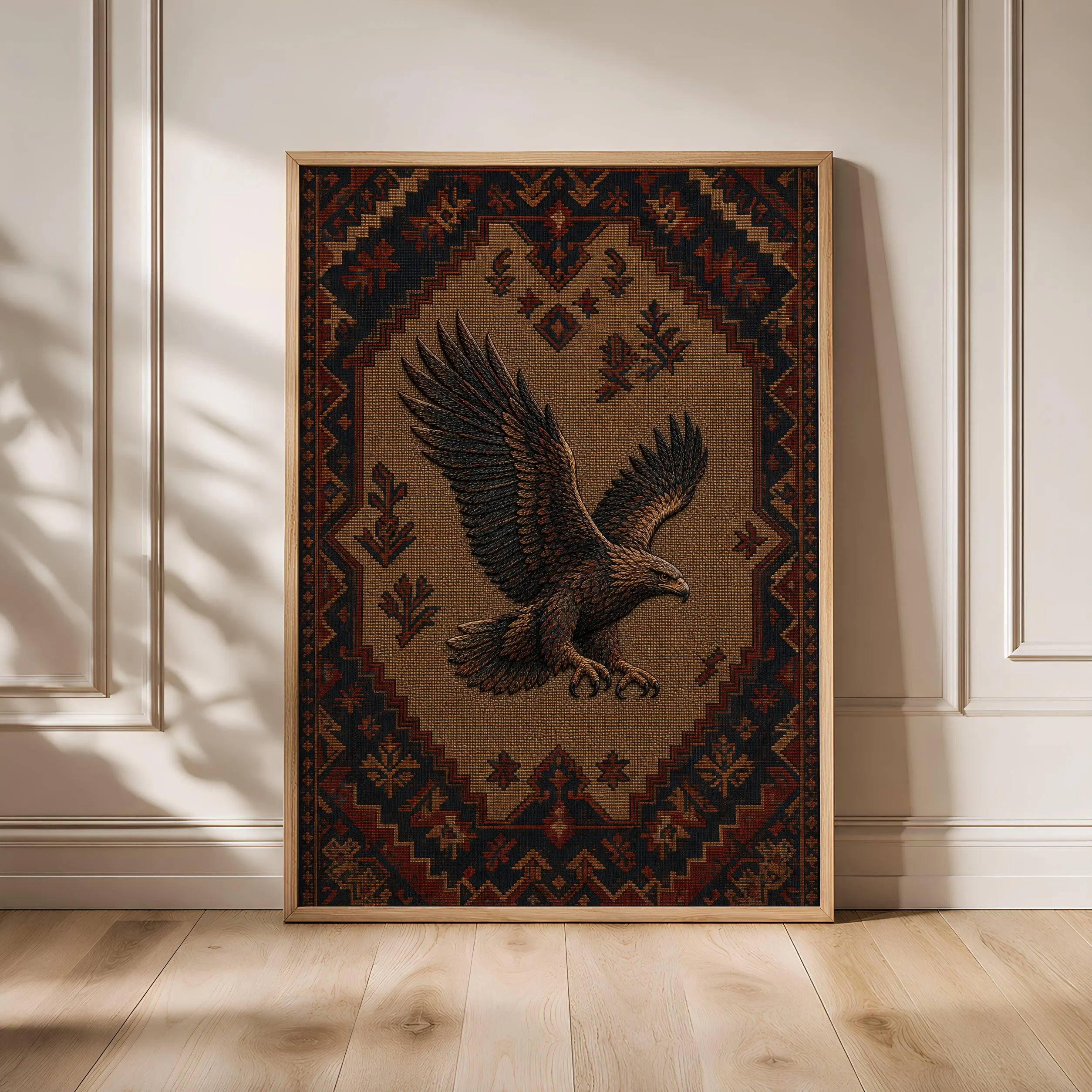 Embroidered Eagle Print, Anatolian Kilim Wall Art, Rustic Textile Poster, Boho Animal Decor – Calm Wall Art by Artsify - Image 1